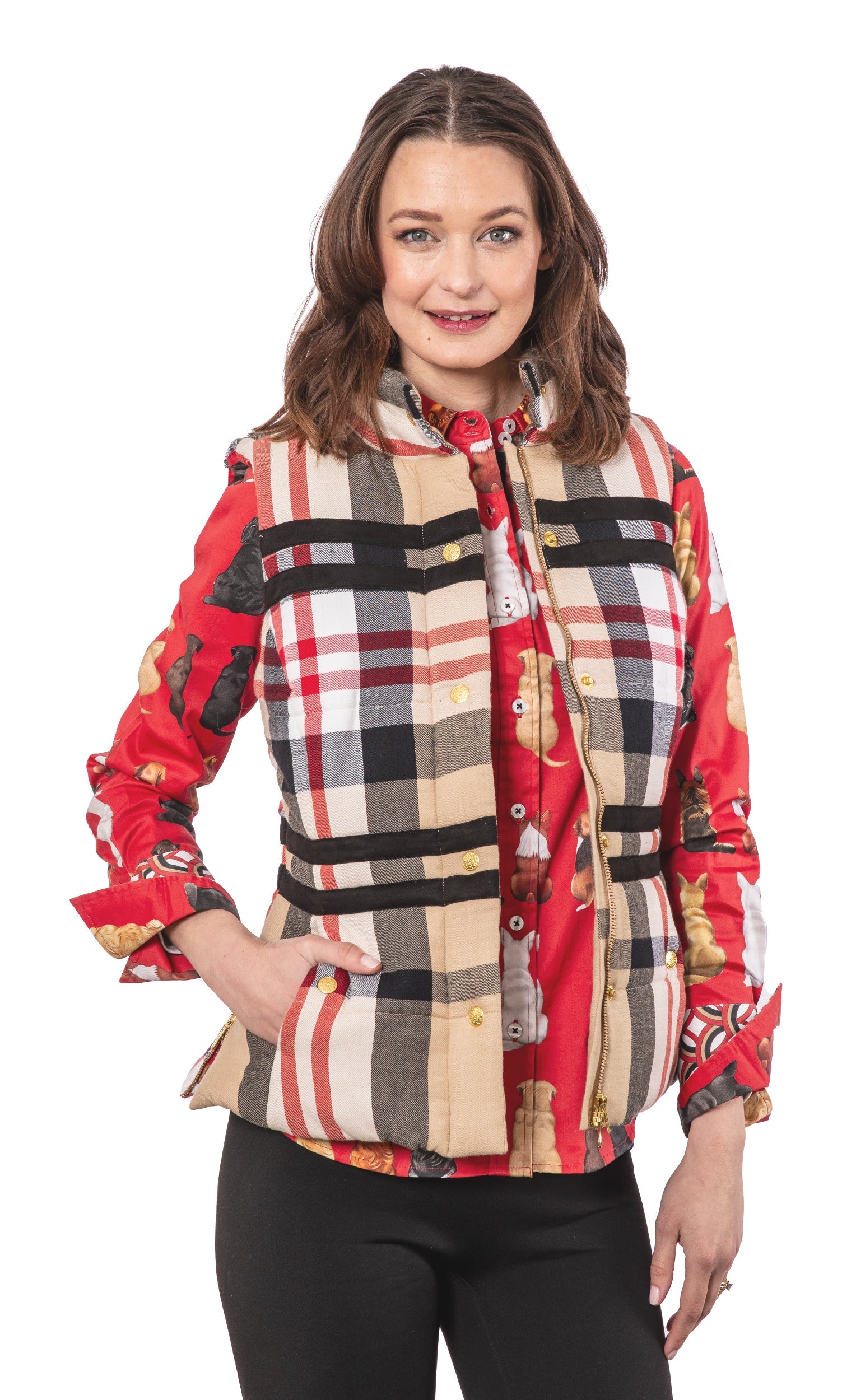 Dizzy-Lizzie Rosey Vest in khaki and red yarndyed flannel, featuring a cozy, stylish sleeveless design with button closure.