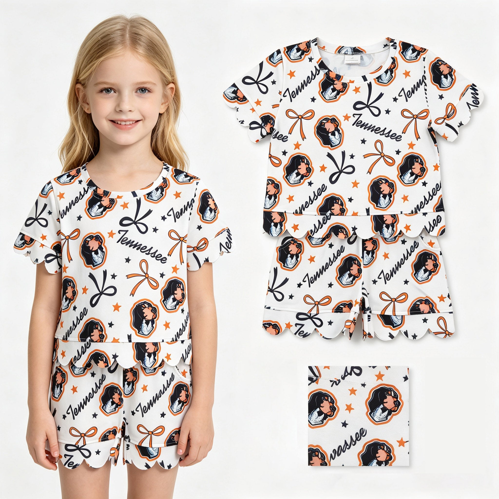 Short sleeves dog bow scallop girls team outfits