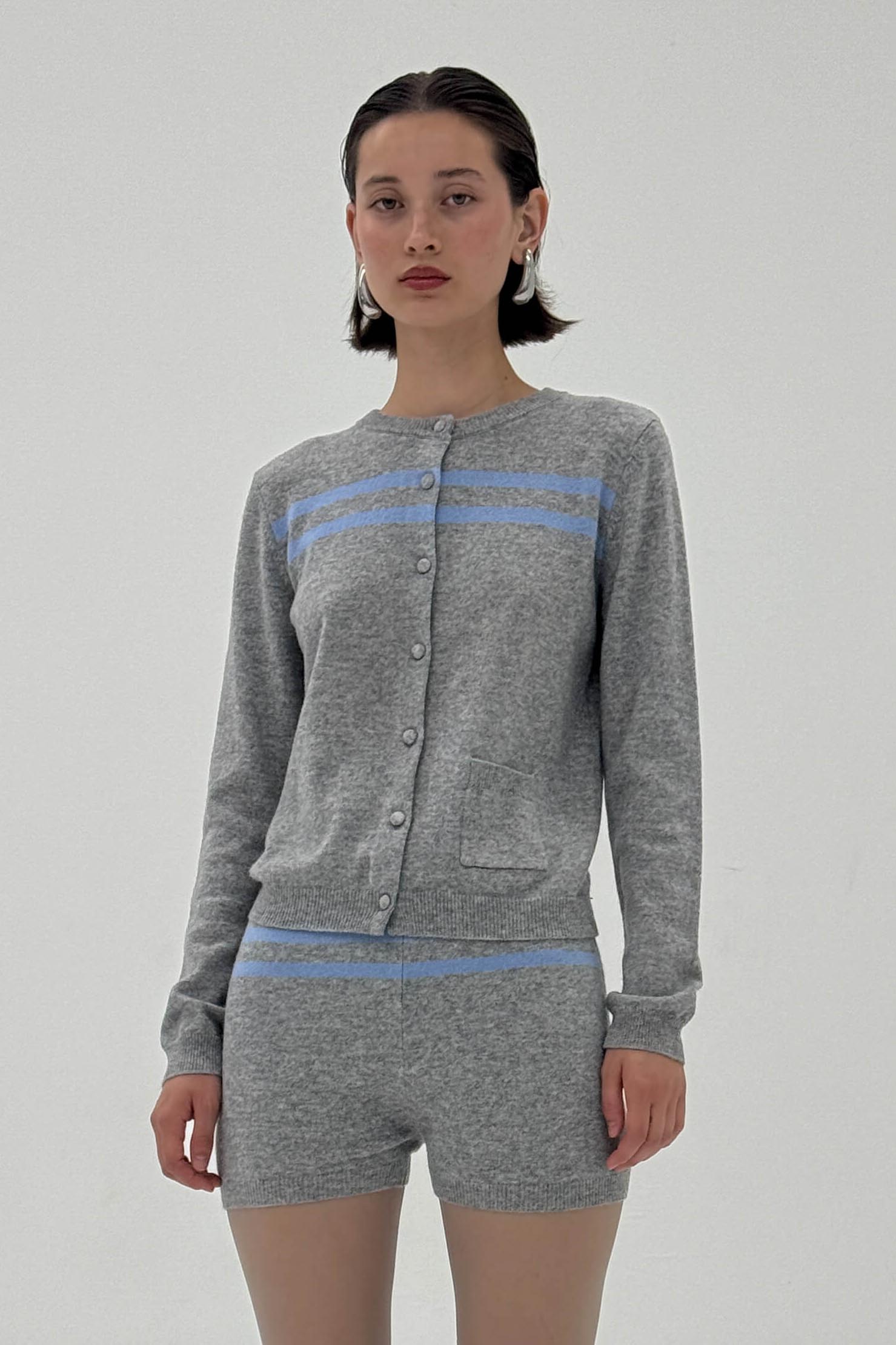 Heathergrey and cotton blue striped cashmere wool cardigan from findmenowthelabel, featuring a cozy knitwear design.