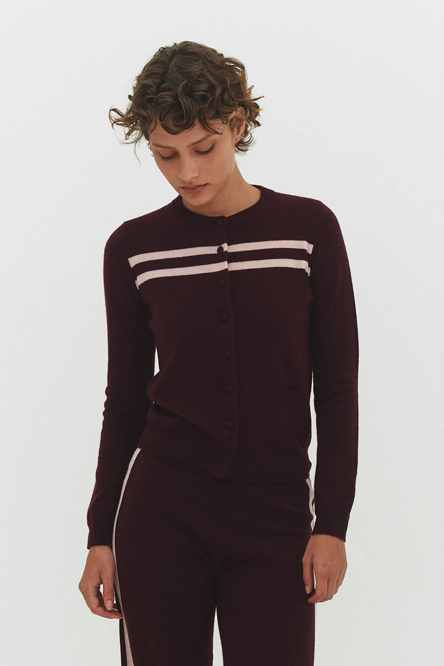 Findmenowthelabel cashmere wool stripe cardigan in raspberry cream, featuring soft knitwear with colorful stripe pattern.