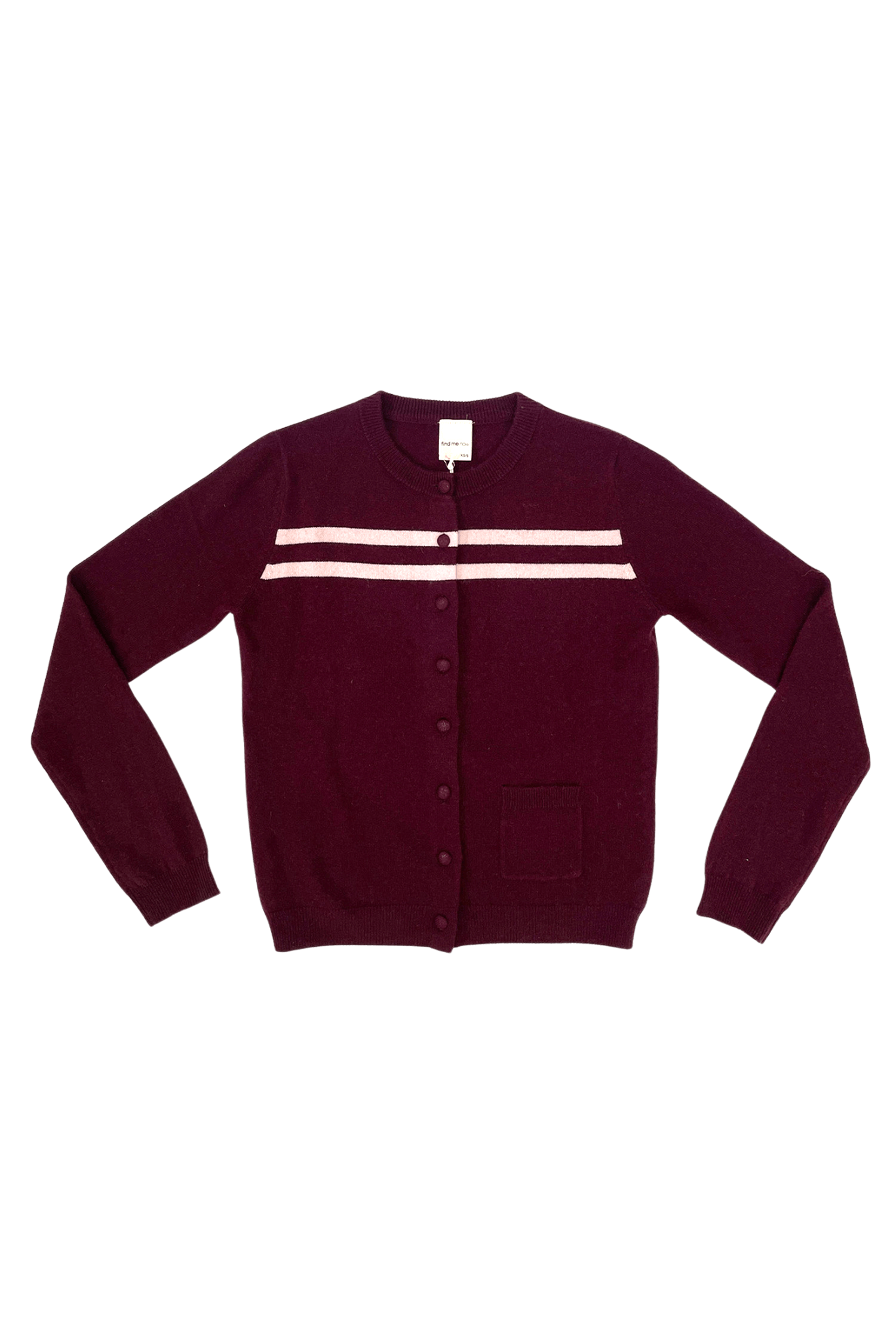 Findmenowthelabel cashmere wool stripe cardigan in raspberry cream, featuring cozy knitwear with colorful striped pattern.