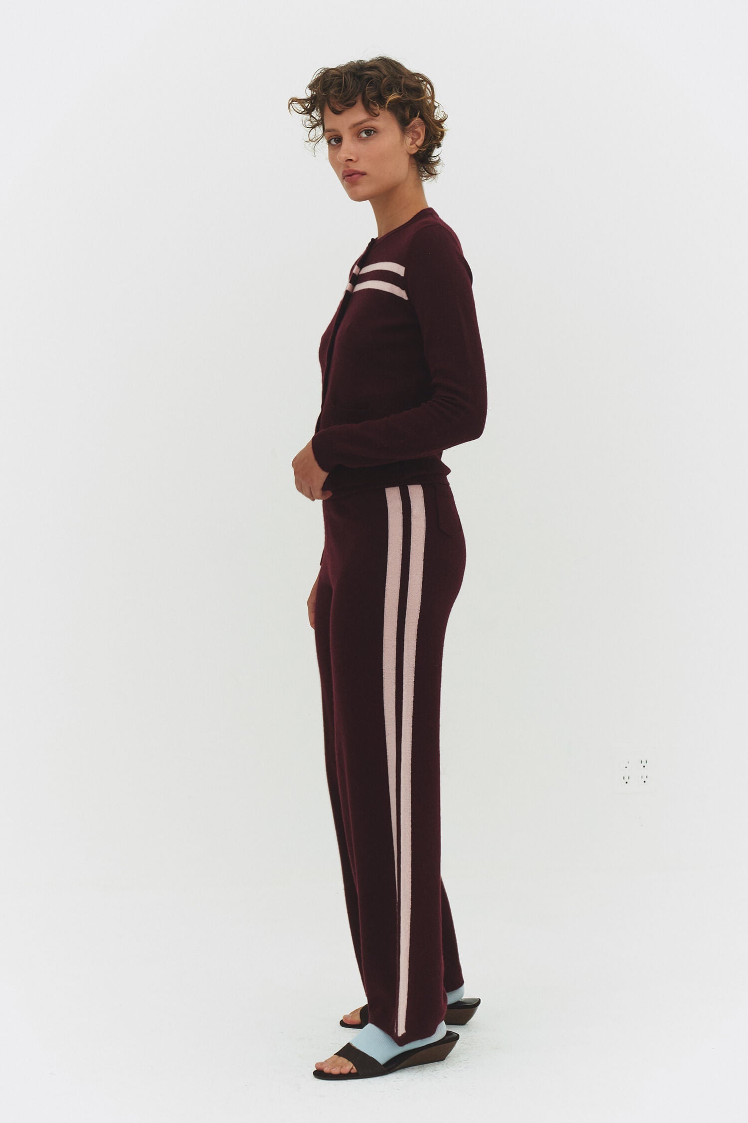 Findmewthelabel cashmere wool stripe cardigan in raspberry cream, featuring soft knitwear with colorful stripe pattern.