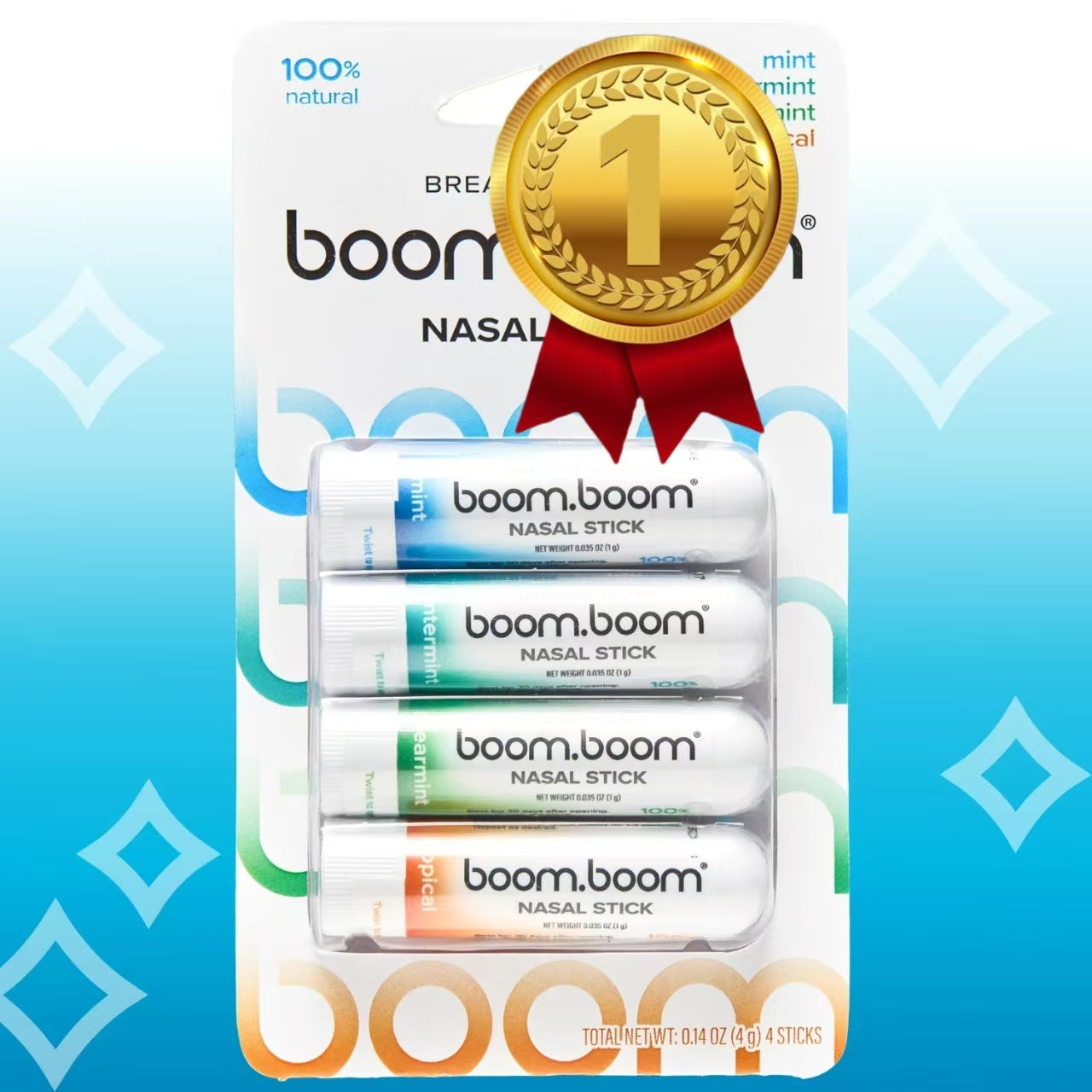 Healthova BoomBoom Nasal Stick with vapor flow technology, mint scent, natural ingredients, and menthol for refreshing inhalation.