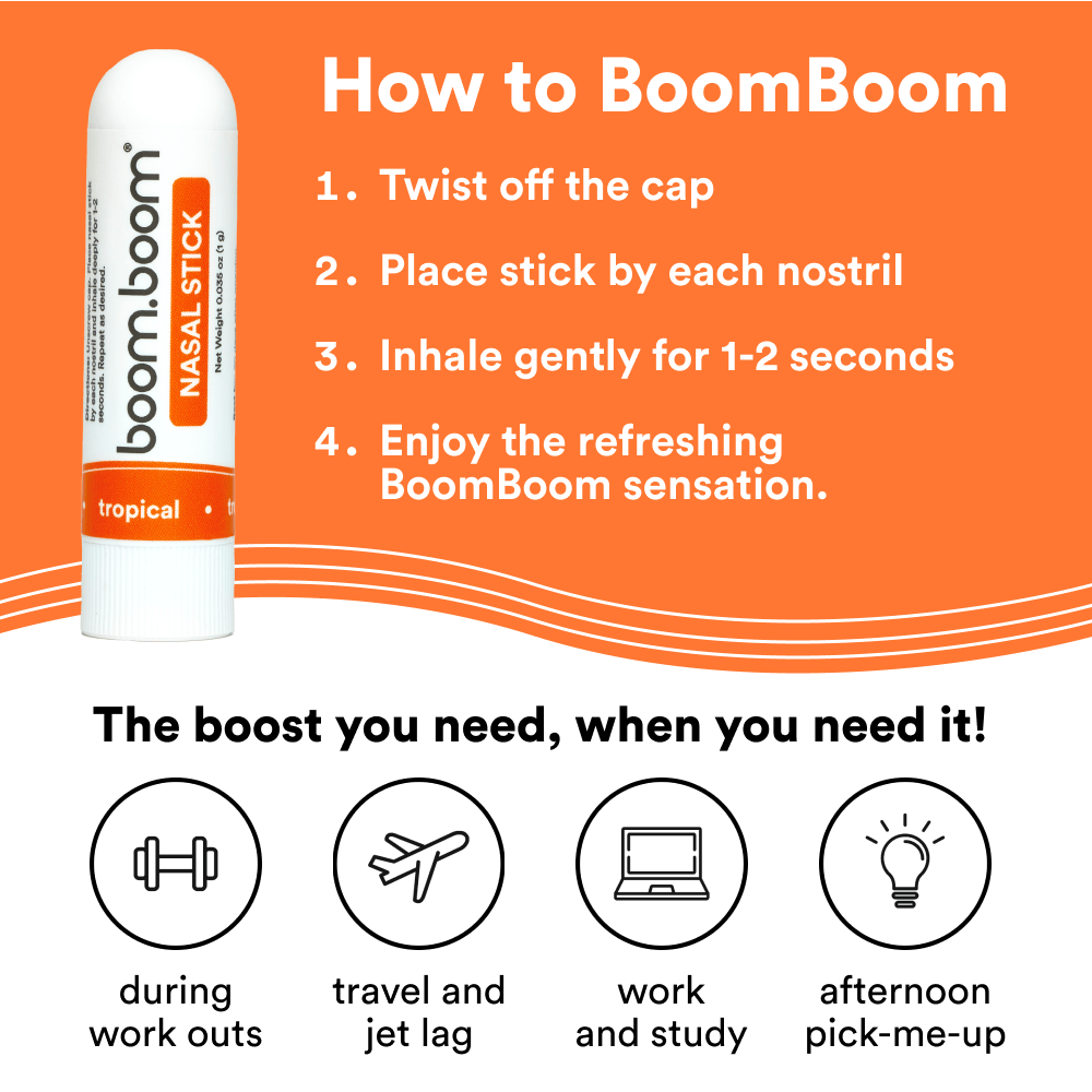 Healthova BoomBoom Nasal Stick with vapor flow technology, mint and tropical essential oils, providing a cool, refreshing, mood-boosting inhaler.