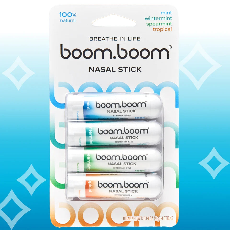Healthova BoomBoom Nasal Stick with vapor flow technology, mint and tropical scents, providing a cool, refreshing, mood-boosting inhaler.