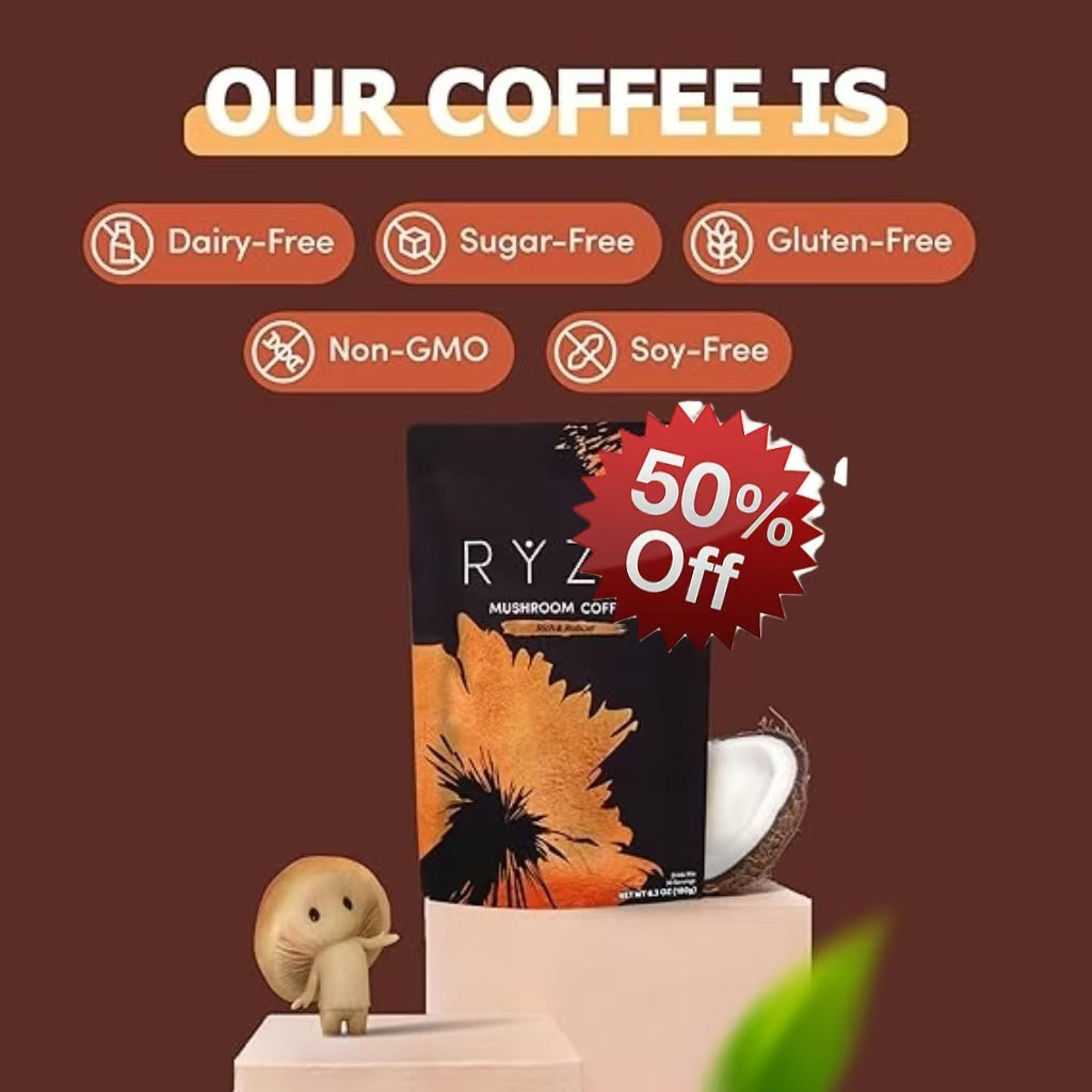 Healthova RYZE SUPERFOODS Mushroom Coffee Dark Roast with Lions Mane, Turkey Tail, adaptogenic mushrooms, prebiotics, 30 servings.