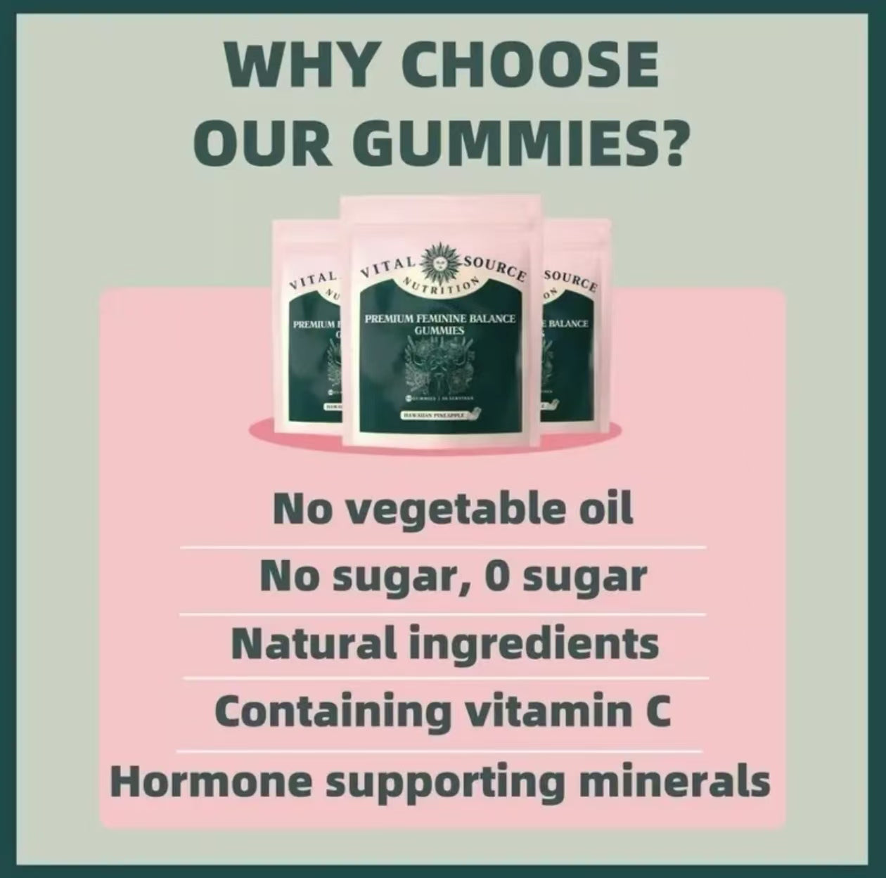 Vital Source Nutrition Premium Feminine Balance Gummies by Healthova, Hawaiian pineapple flavor, 60 vegan, gluten-free, halal gummies.