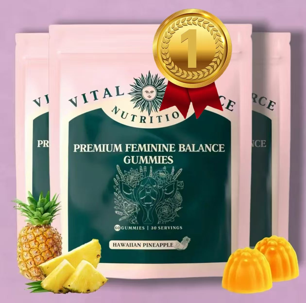 Vital Source Nutrition Feminine Balance Gummies by Healthova, vegan pineapple-flavored immune support supplement for women&