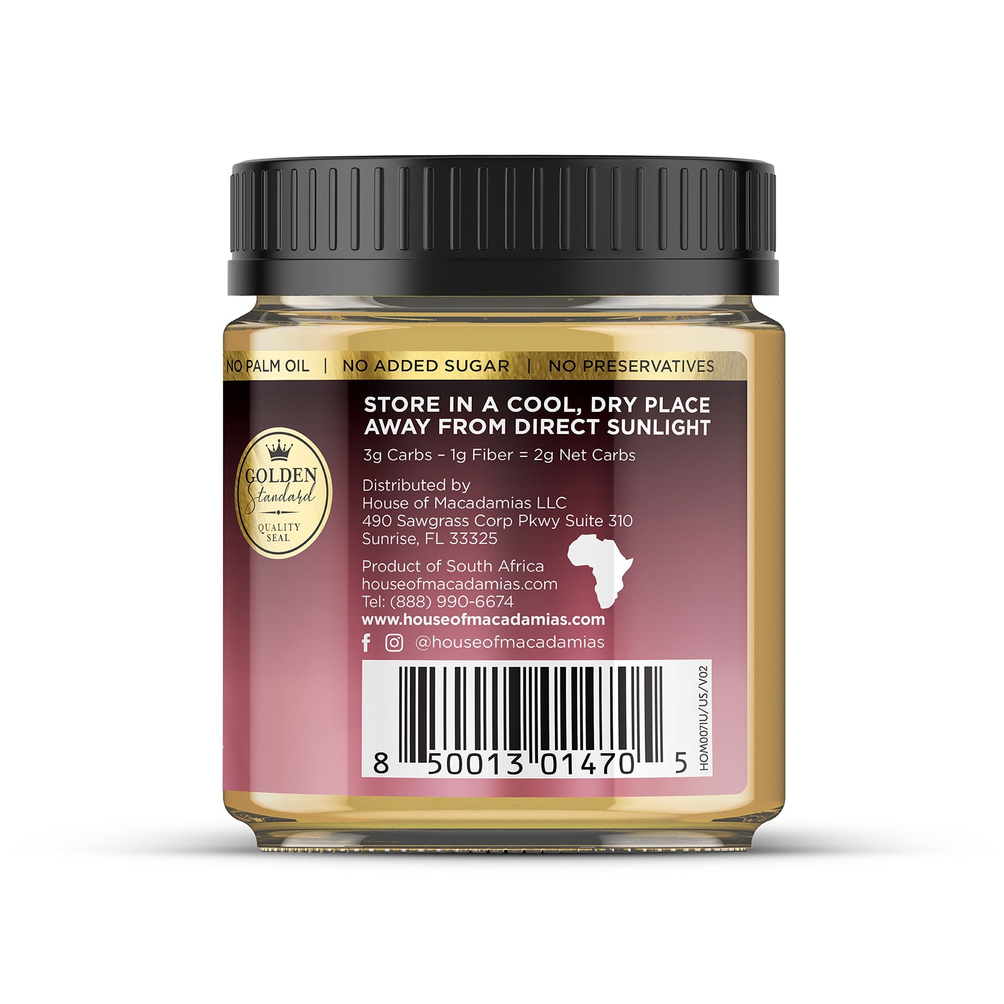 House of Macadamias sea salt flavored macadamia nut butter jar, creamy texture, with label visible and sea salt ingredients.
