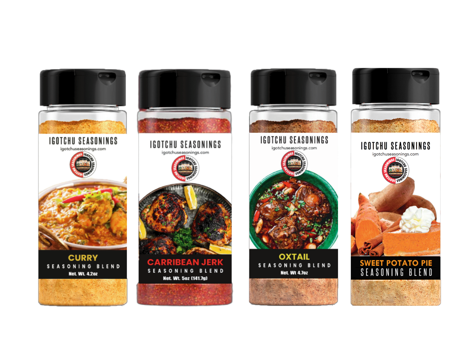 Close-up of Caribbean Joy seasoning by Igotchu Seasonings in a clear glass jar with a colorful label and seasoning inside.