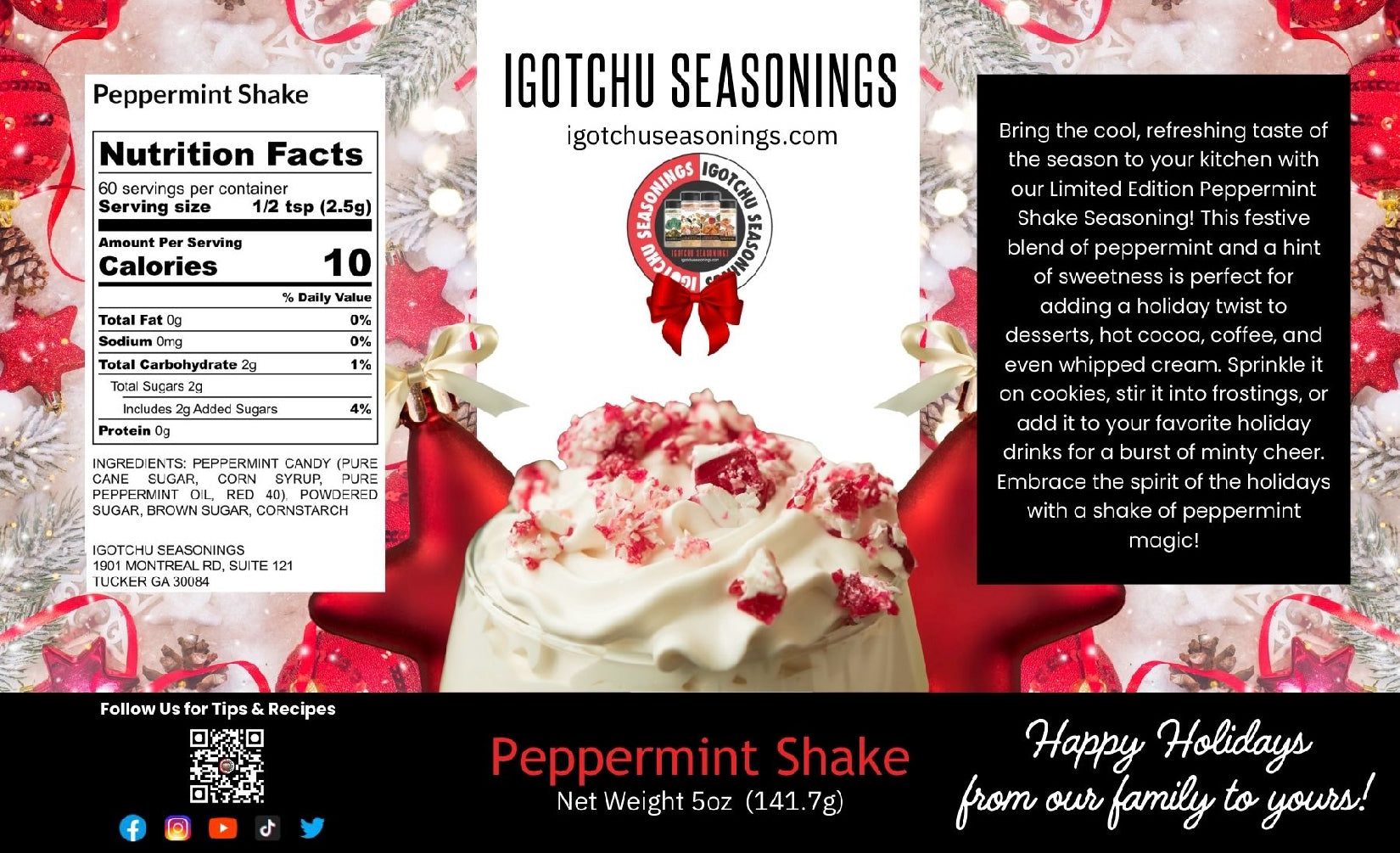 Igotchu Seasonings Peppermint Shake 5.5 oz holiday limited edition label with peppermint flavor and festive design
