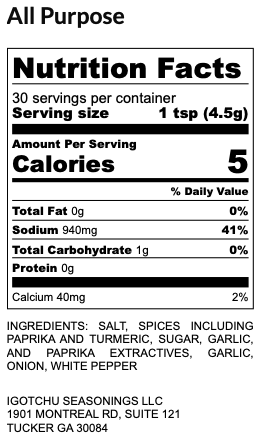 All-purpose seasoning from Igotchu Seasonings showing nutrition facts label on a white background.