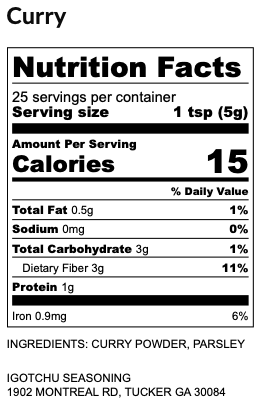 Igotchu Curry Seasoning jar with nutrition facts label showing ingredients and nutritional information.