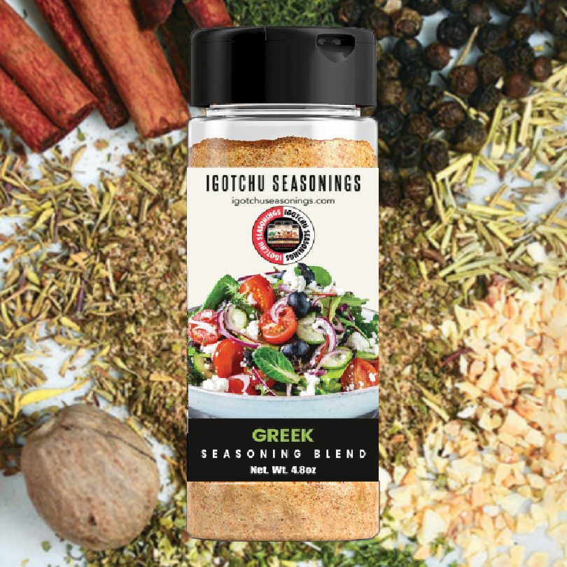 Igotchu Greek seasoning container with label, featuring herbs and spices used for flavorful Greek cuisine.