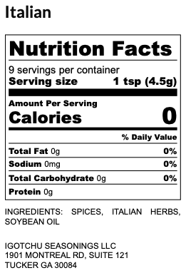 Igotchu Italian seasoning jar showing nutrition facts label, featuring a blend of herbs and spices for flavorful Italian dishes.