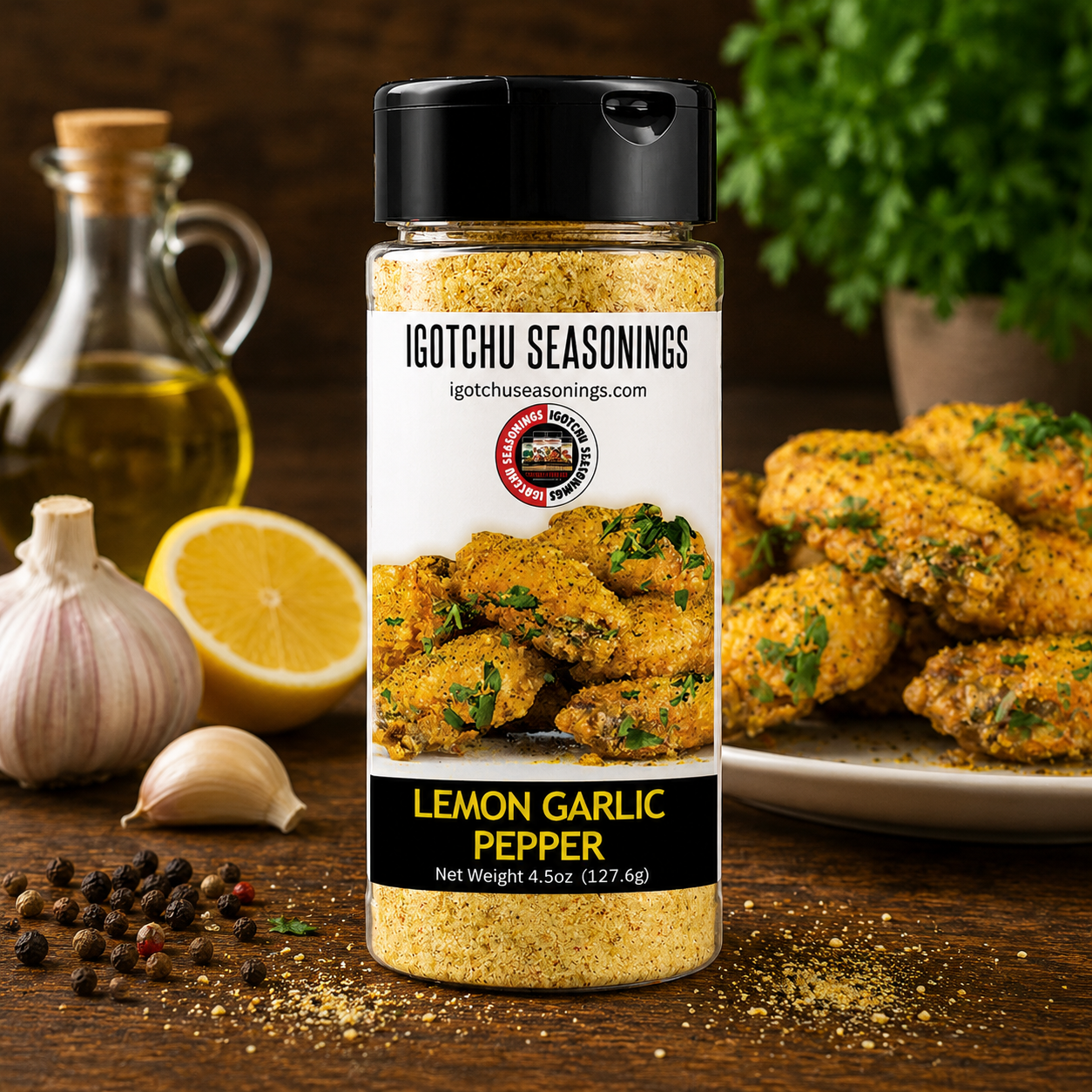 Igotchu Lemon Garlic Pepper seasoning jar showing lemon, garlic, and pepper ingredients in a clear container for flavorful seasoning.