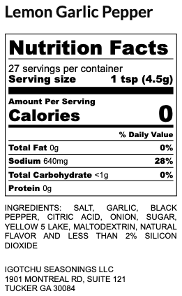 Igotchu Lemon Garlic Pepper seasoning container with nutrition facts label, showcasing lemon, garlic, and pepper ingredients.