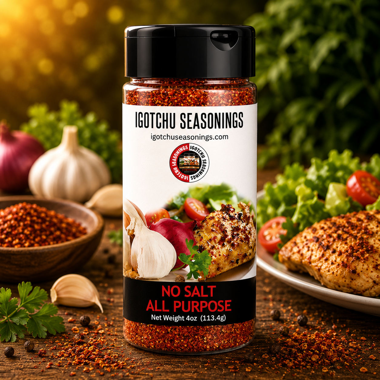 Igotchu No Salt All Purpose Seasoning jar, natural spices blend for versatile cooking, by Igotchu Seasonings.