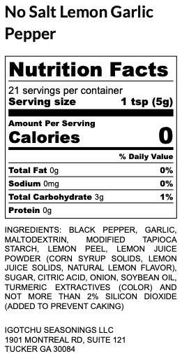 Igotchu No Salt Lemon Garlic Pepper seasoning container with nutrition facts label, highlighting a salt-free spice blend from Igotchu Seasonings.