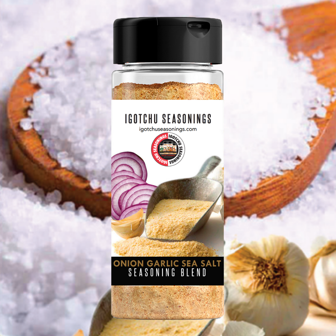 Igotchu Onion Garlic Sea Salt in a clear jar, showing the seasoned salt blend with visible onion and garlic flakes for seasoning.