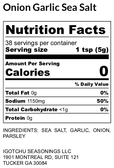 Igotchu Onion Garlic Sea Salt seasoning label showing nutritional information and ingredients.