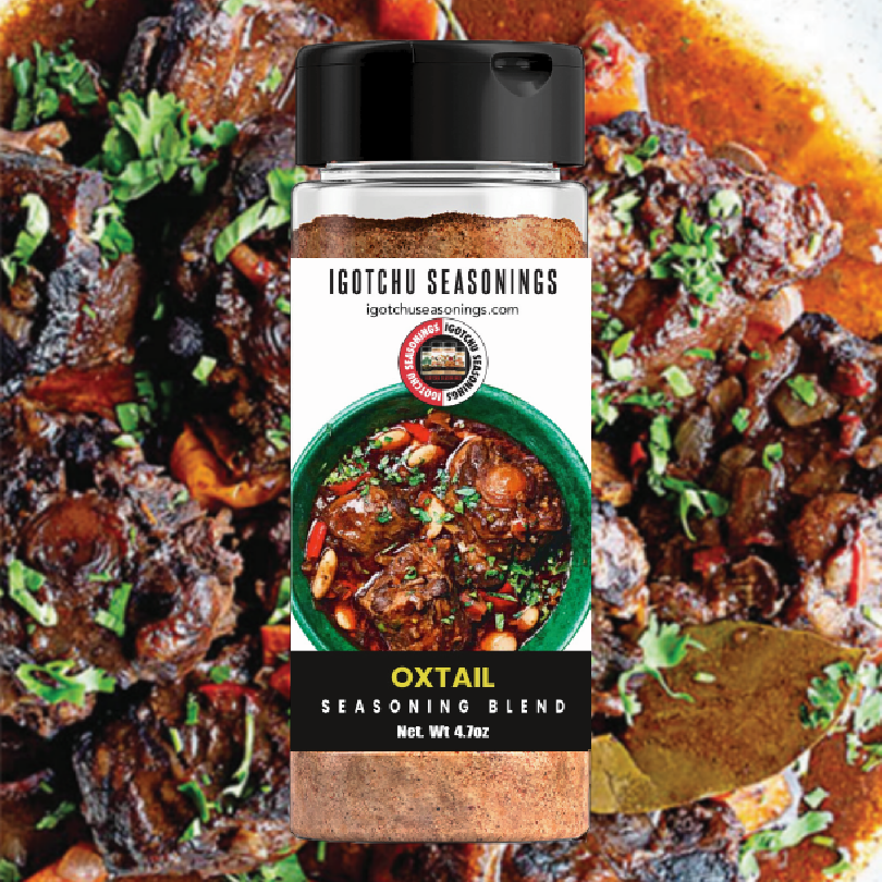 Igotchu Oxtail seasoning jar showing the label and product inside, perfect for enhancing rich oxtail dishes with flavorful spices.
