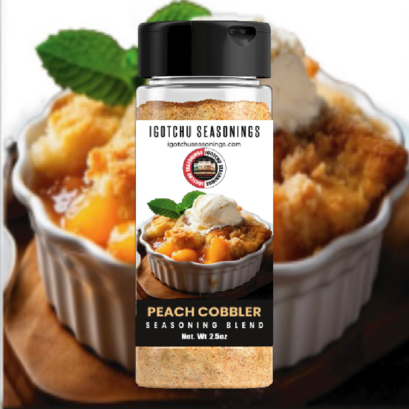 Igotchu Peach Cobbler Seasoning jar with label, showcasing peach and spice ingredients for baking and dessert flavoring.