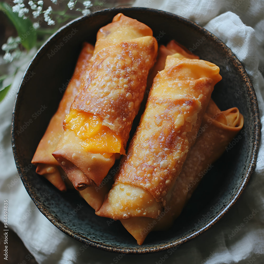 Igotchu Peach Cobbler Seasoning bottle, a flavorful spice blend for baking and desserts, displayed with peach cobbler egg rolls.
