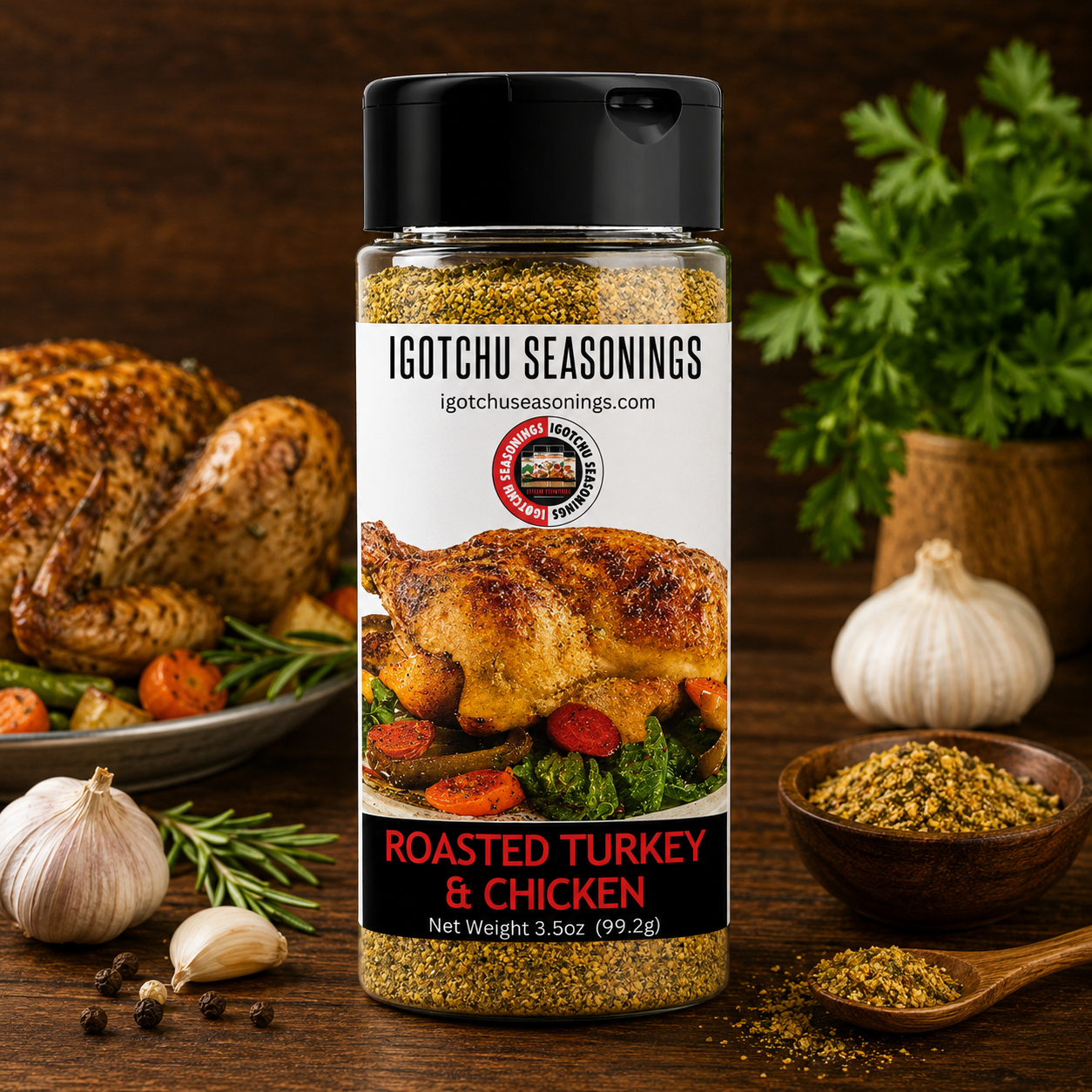 Igotchu Roasted Turkey & Chicken seasoning jar showing spice blend for flavorful poultry cooking.