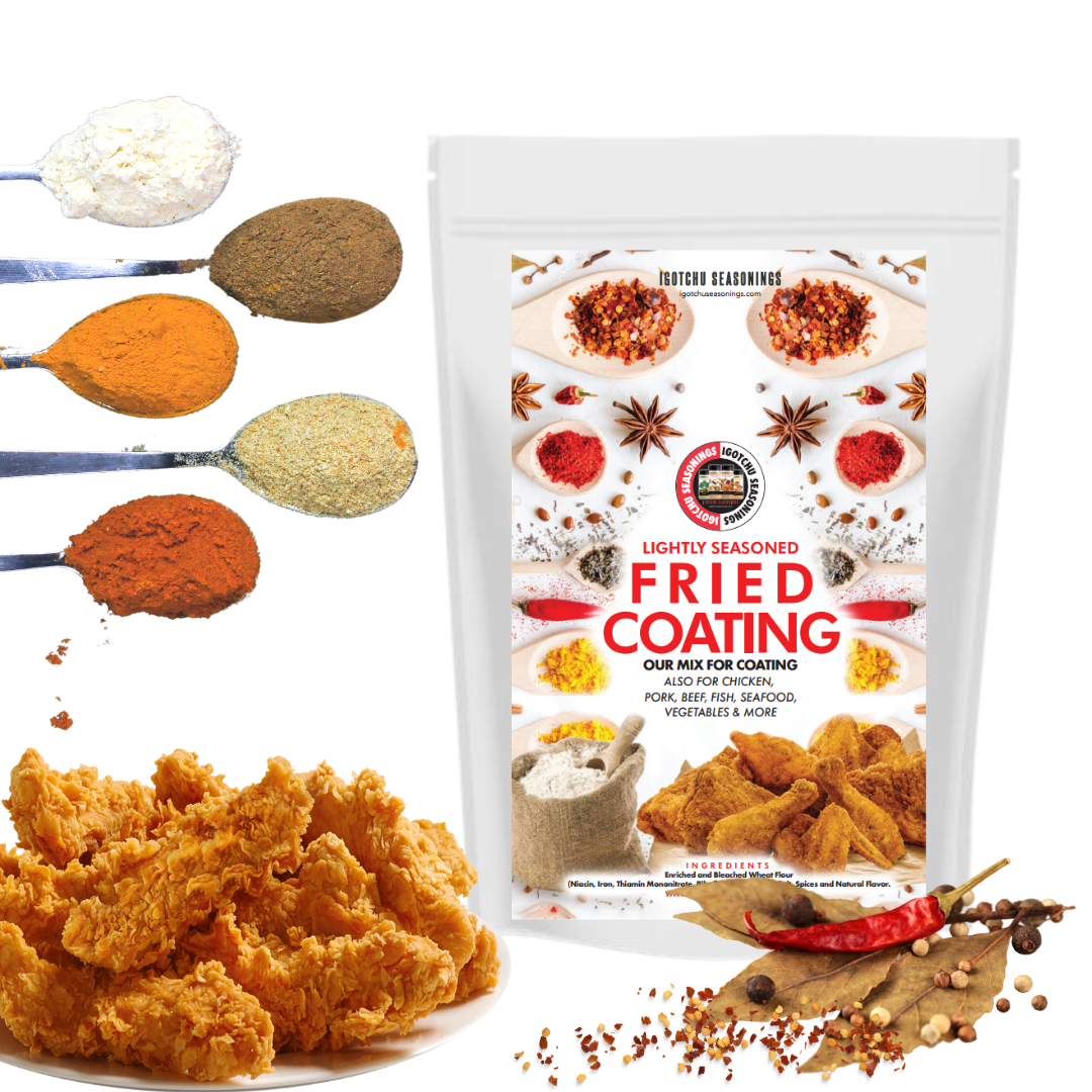 Igotchu Seasonings fried chicken and fish coating mix in a spice blend container, ideal for crispy breading and flavorful frying.