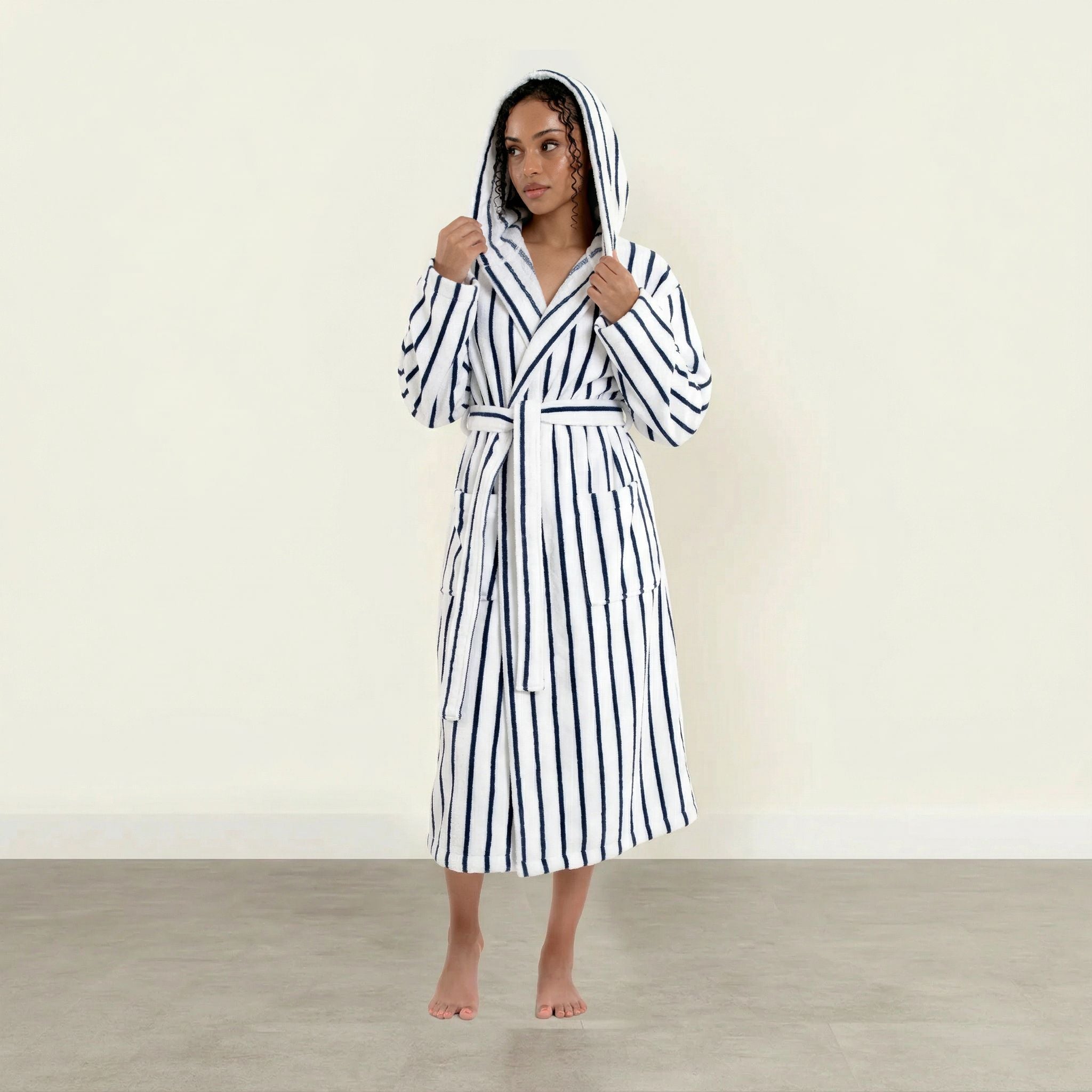 Unisex navy striped Ultraplush Australian cotton bathrobe by Italic, featuring a soft collar and waist tie for comfort.