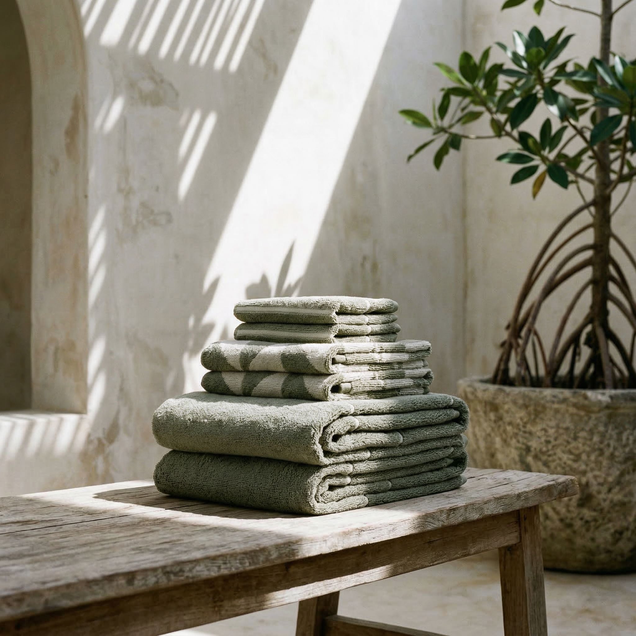 Italic Umbra Australian Cotton Bath Towels in a standard set, shown in a stylish home bathroom setting.