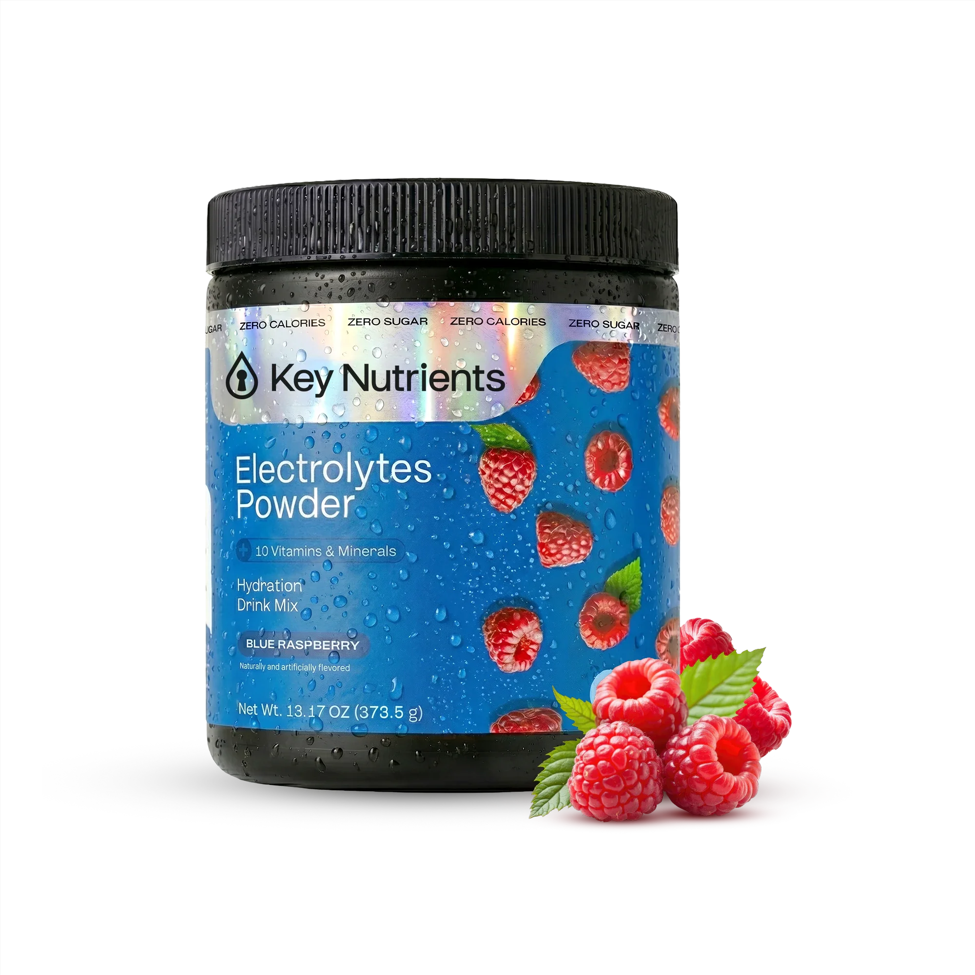 Blue raspberry electrolyte recovery powder by Key Nutrients, sugar-free electrolyte supplement in a vibrant blue container.