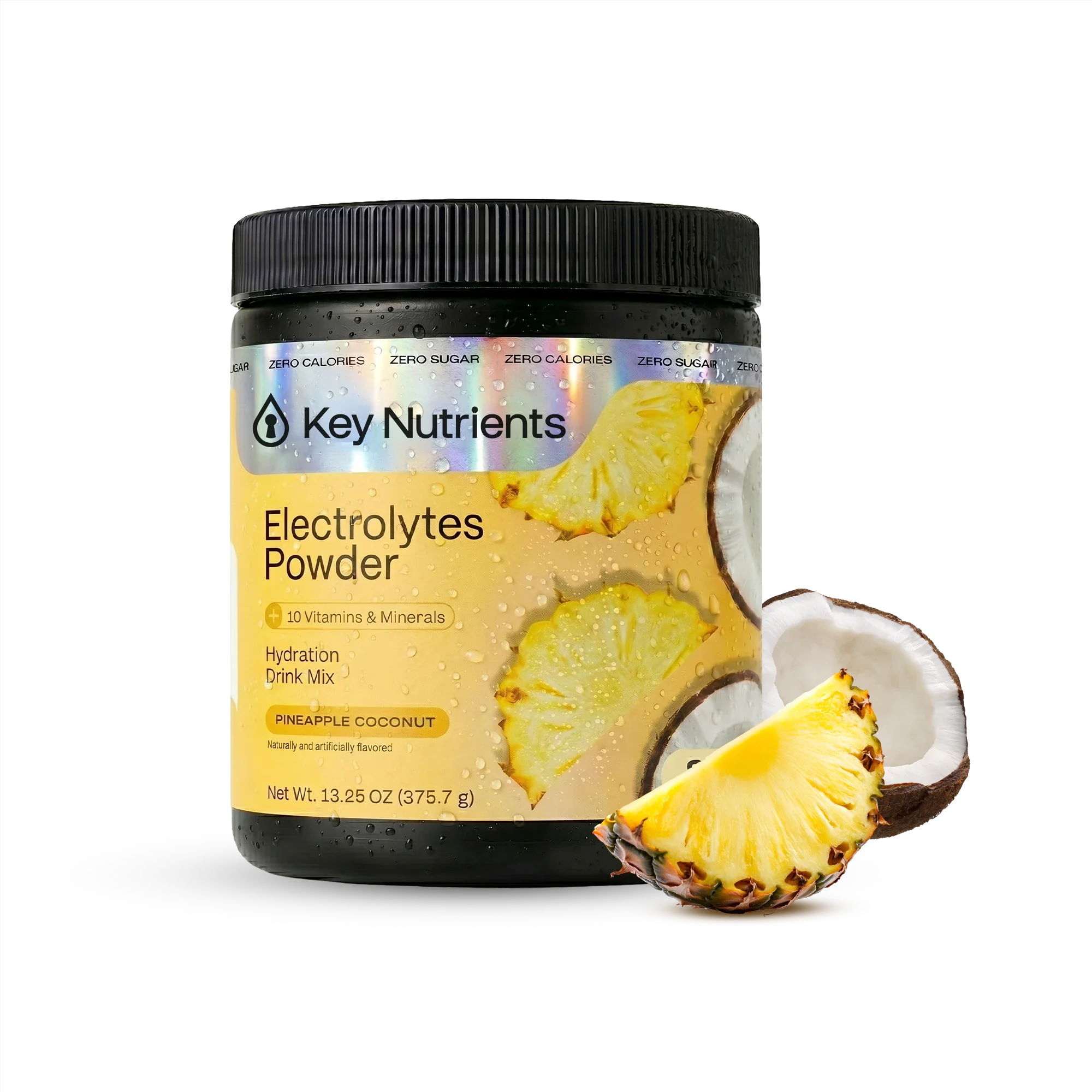 Pineapple and coconut flavored Key Nutrients Electrolyte Recovery Plus Powder in a sugar-free formula with a scoop and open packet.