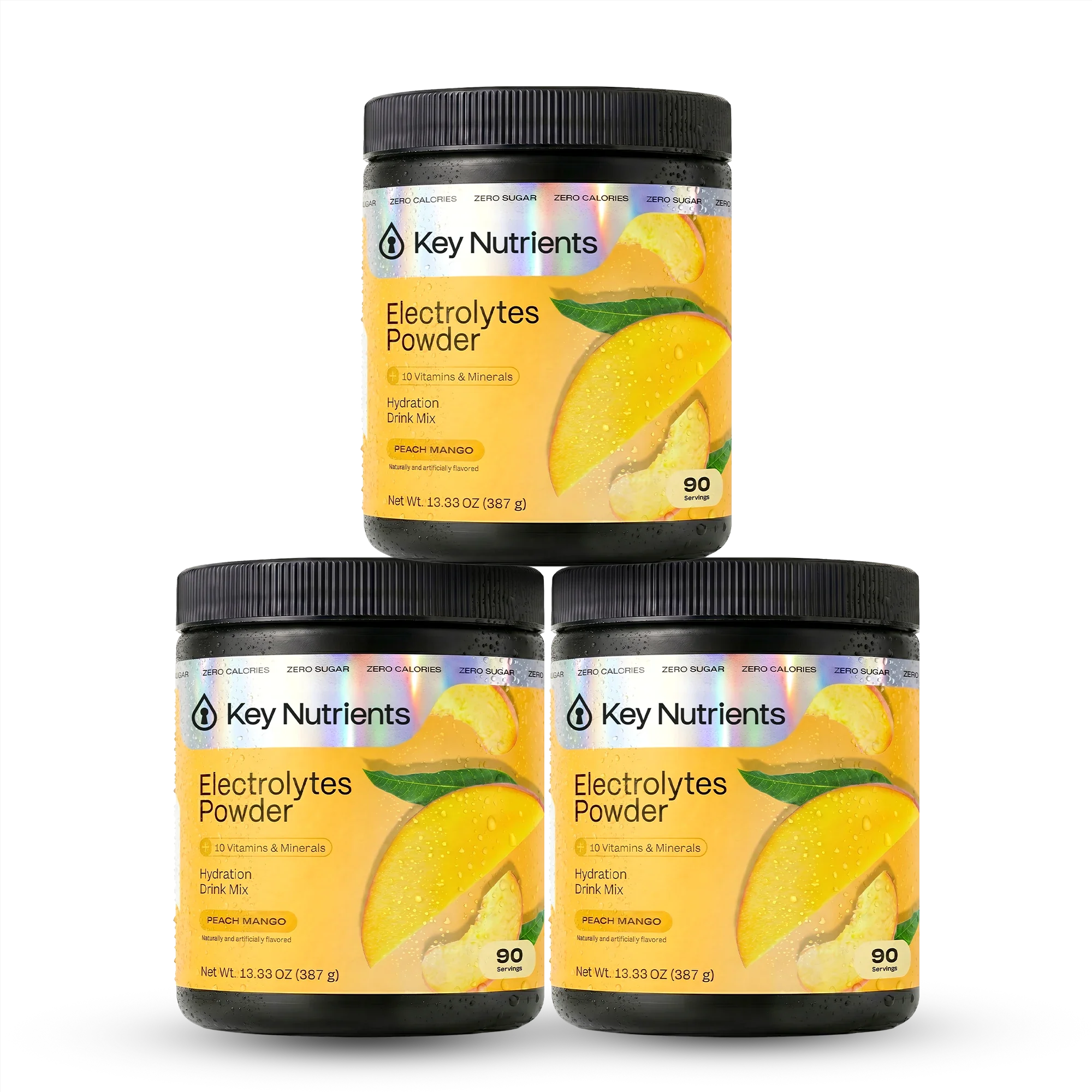 Peach and mango flavored Key Nutrients Electrolyte Recovery Plus Powder, sugar-free electrolyte supplement in a scoop.