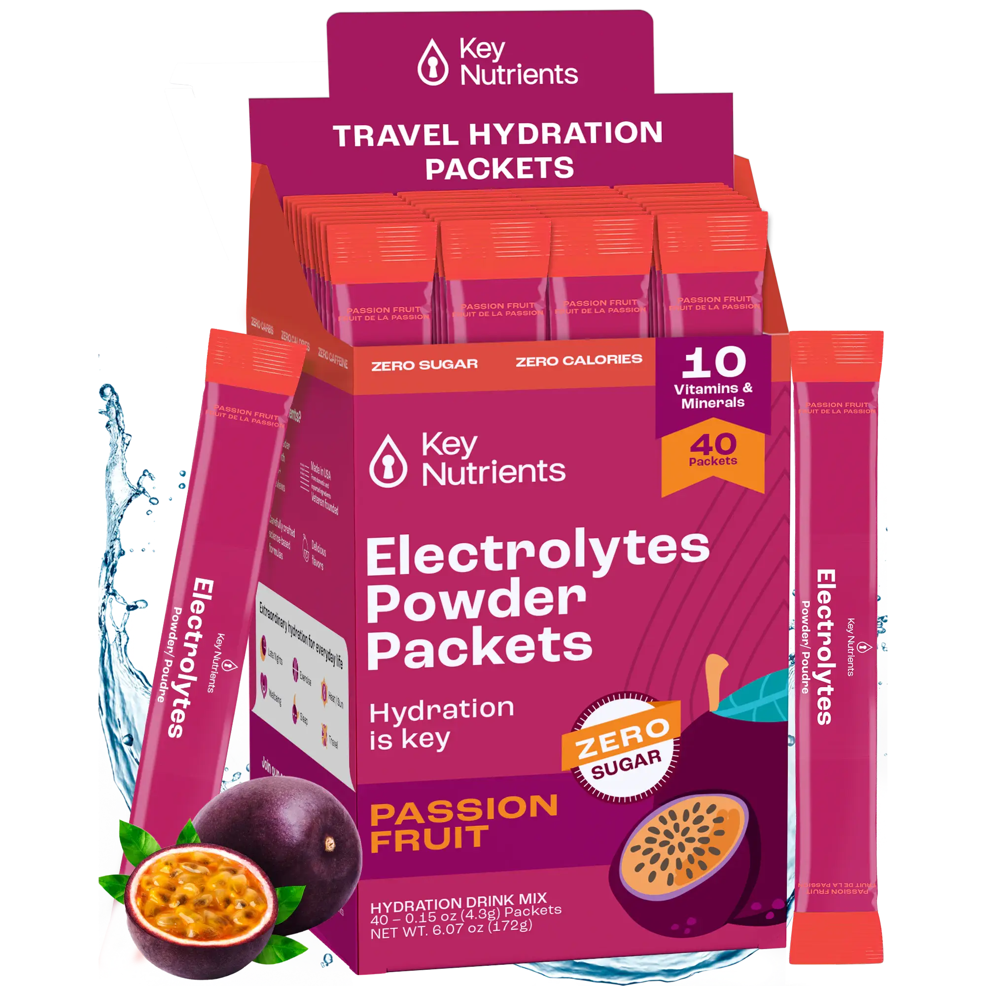 Passion fruit flavored Key Nutrients Electrolyte Recovery Plus Powder in a 40-serving container, sugar-free electrolyte supplement.