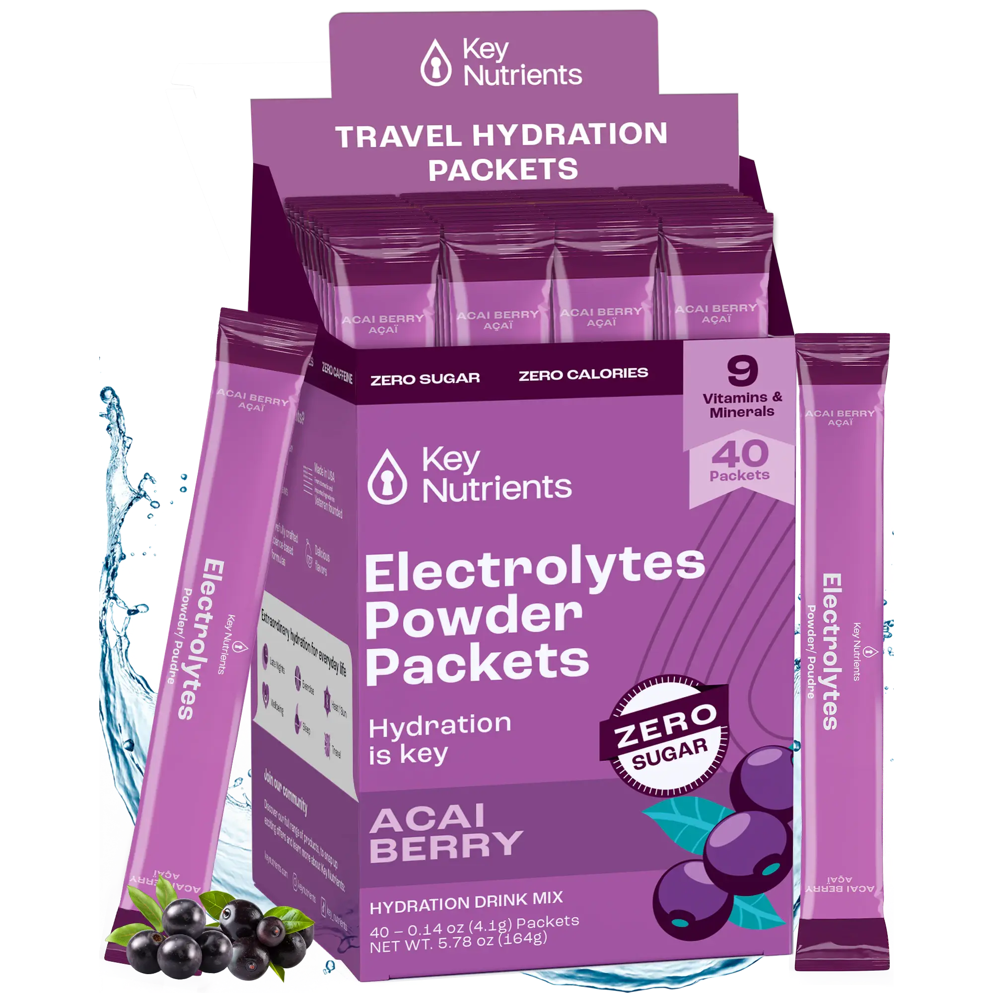 Key Nutrients Electrolyte Recovery Plus Powder in Acai Berry flavor, sugar-free electrolyte powder with vibrant acai berry imagery.