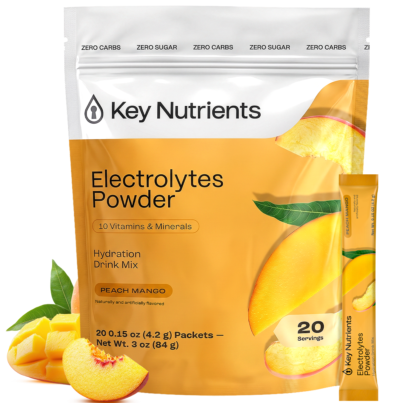 Key Nutrients Electrolyte Recovery Plus Powder in sugar-free formula, showing the orange-flavored powder packaging with measuring scoop.