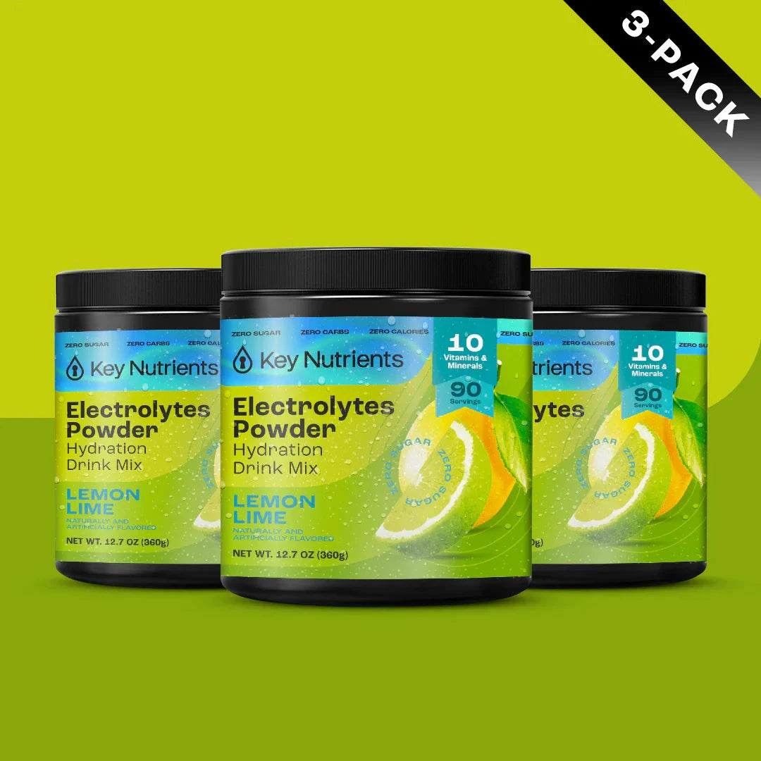 Key Nutrients Electrolyte Recovery Plus Powder in lemon-lime flavor, sugar-free electrolyte powder for hydration, 3-pack.