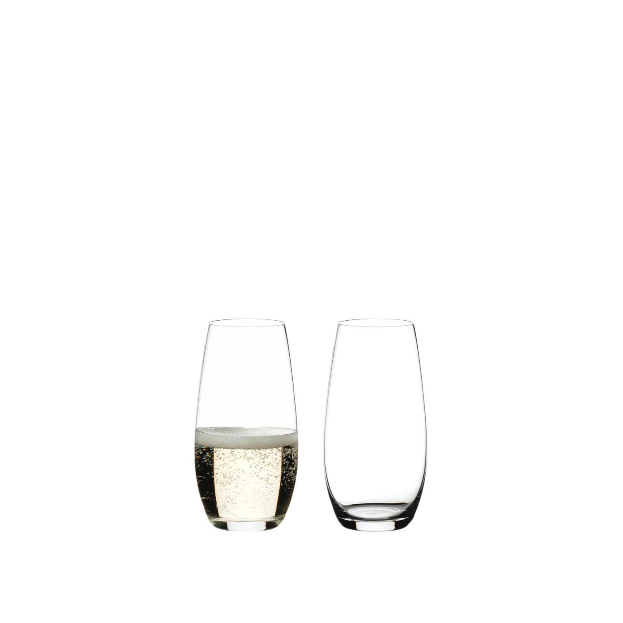 Set of 2 Riedel Flute O Champagne stemless crystal glasses for barware, featuring elegant, clear crystal design.
