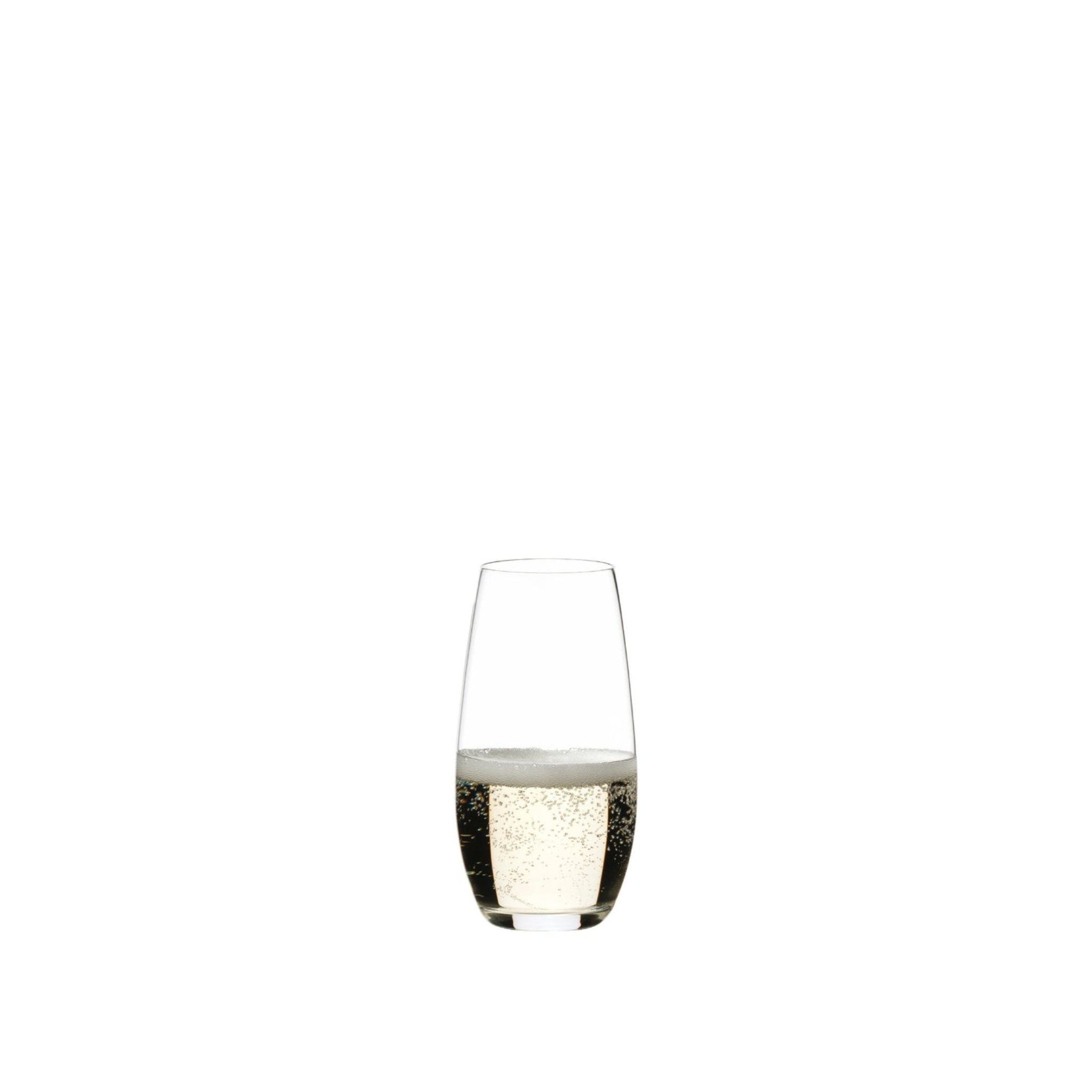Set of two Riedel Flute O Champagne stemless crystal glasses for barware, featuring sleek, modern design.