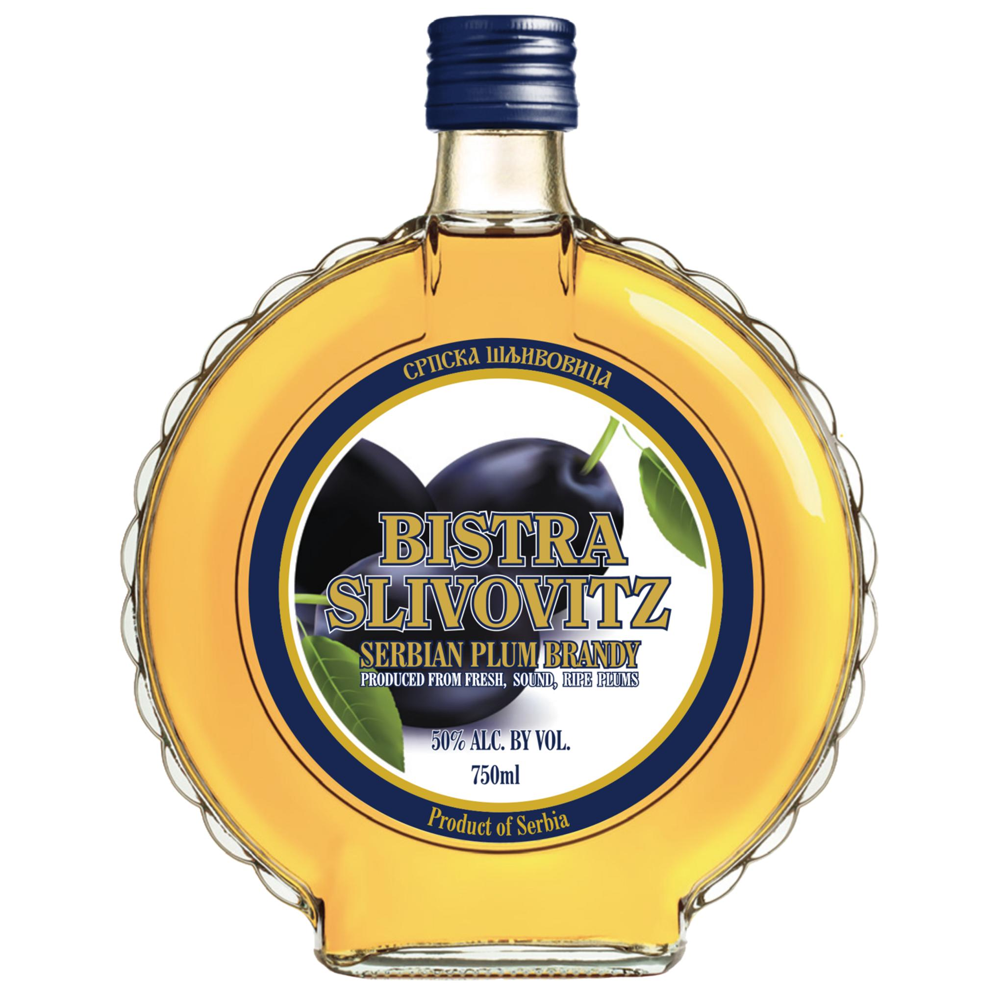 Bistra Slivovitz brandy in a 750ml bottle from Liquor Geeks, featuring traditional plum brandy with amber color and smooth finish.