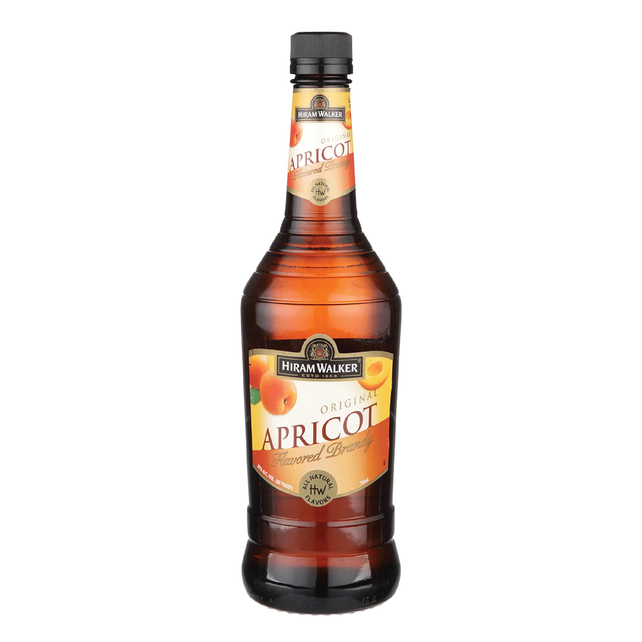 Hiram Walker Apricot Flavored Brandy in a 750ml bottle, produced by Liquor Geeks, with apricot fruit flavor and branded label.