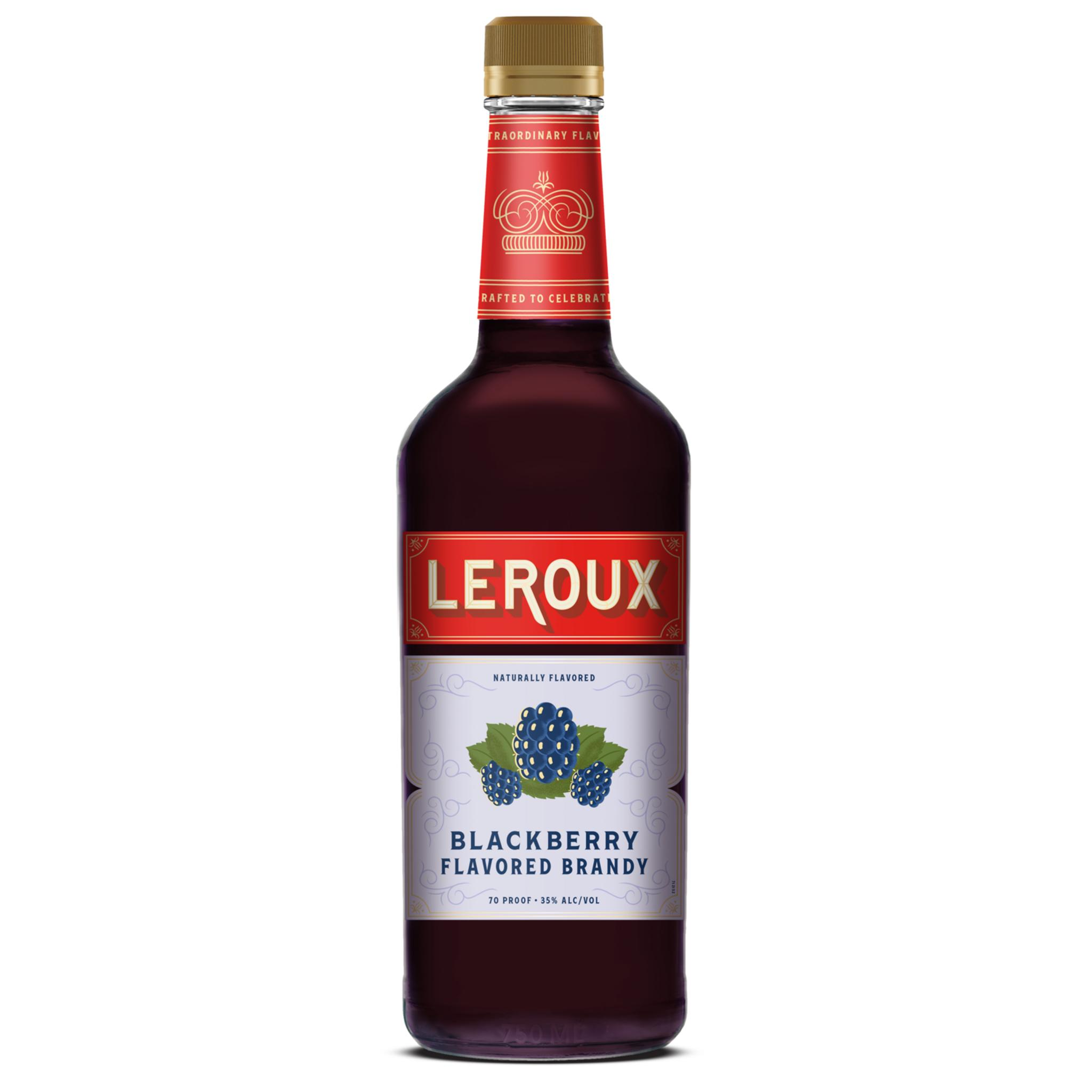 Leroux Blackberry Flavored Brandy in a 750ml bottle, showcasing dark berry flavor and elegant packaging.