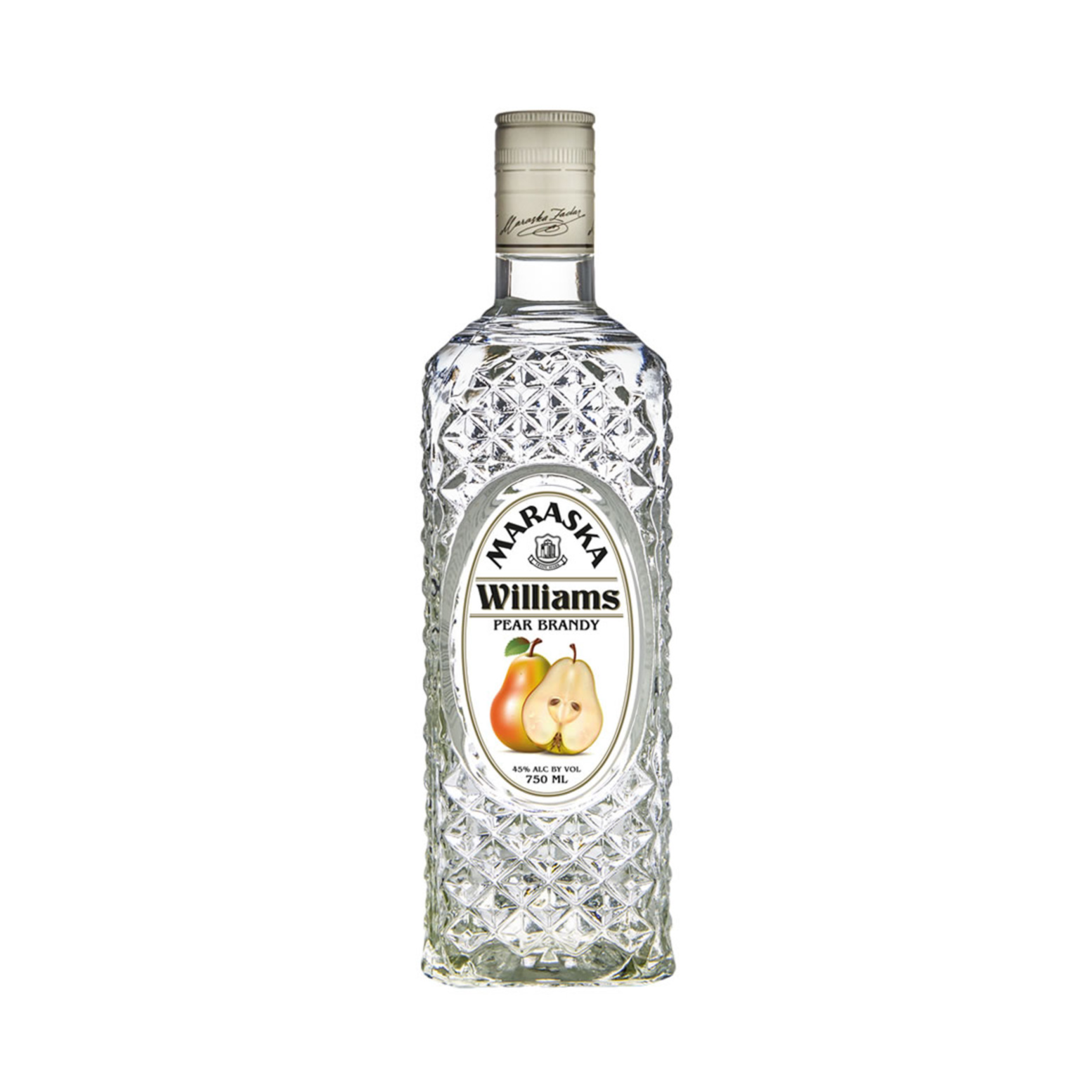 Bottle of Maraska Poire Williams Pear Brandy by Liquor Geeks, 750ml, showcasing the elegant label and clear glass bottle.