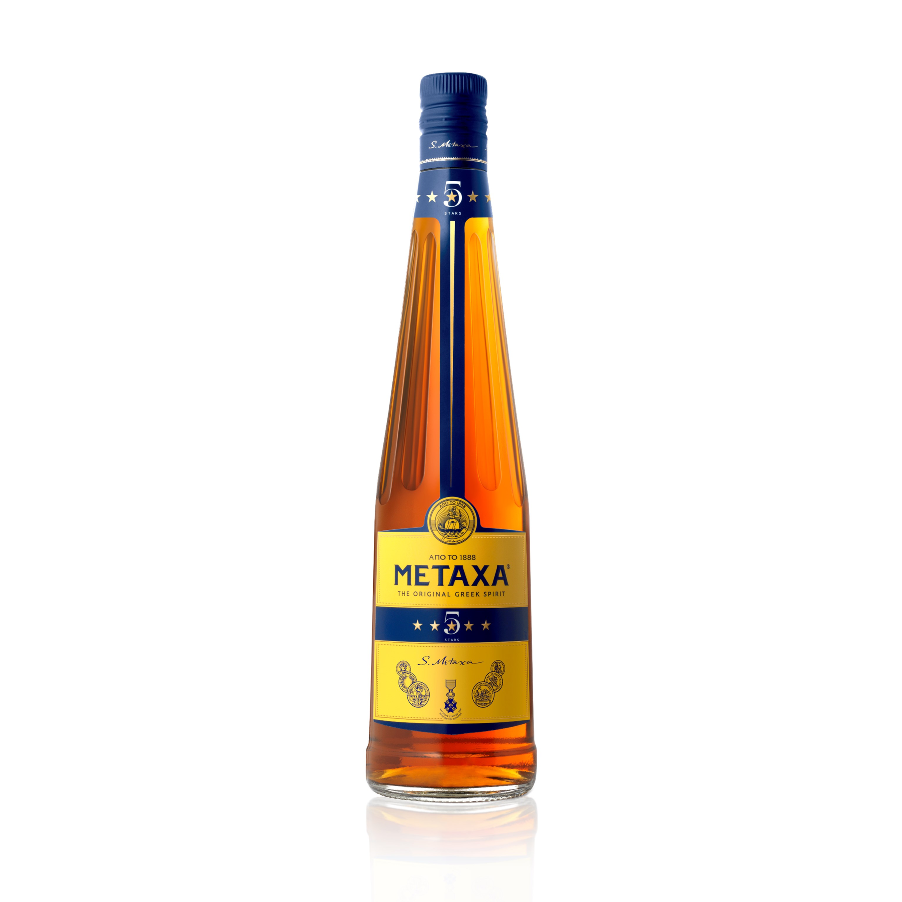 Bottle of Liquor Geeks Metaxa 5 Stars Greek Spirit Brandy in a 750ml glass bottle with a gold and blue label.