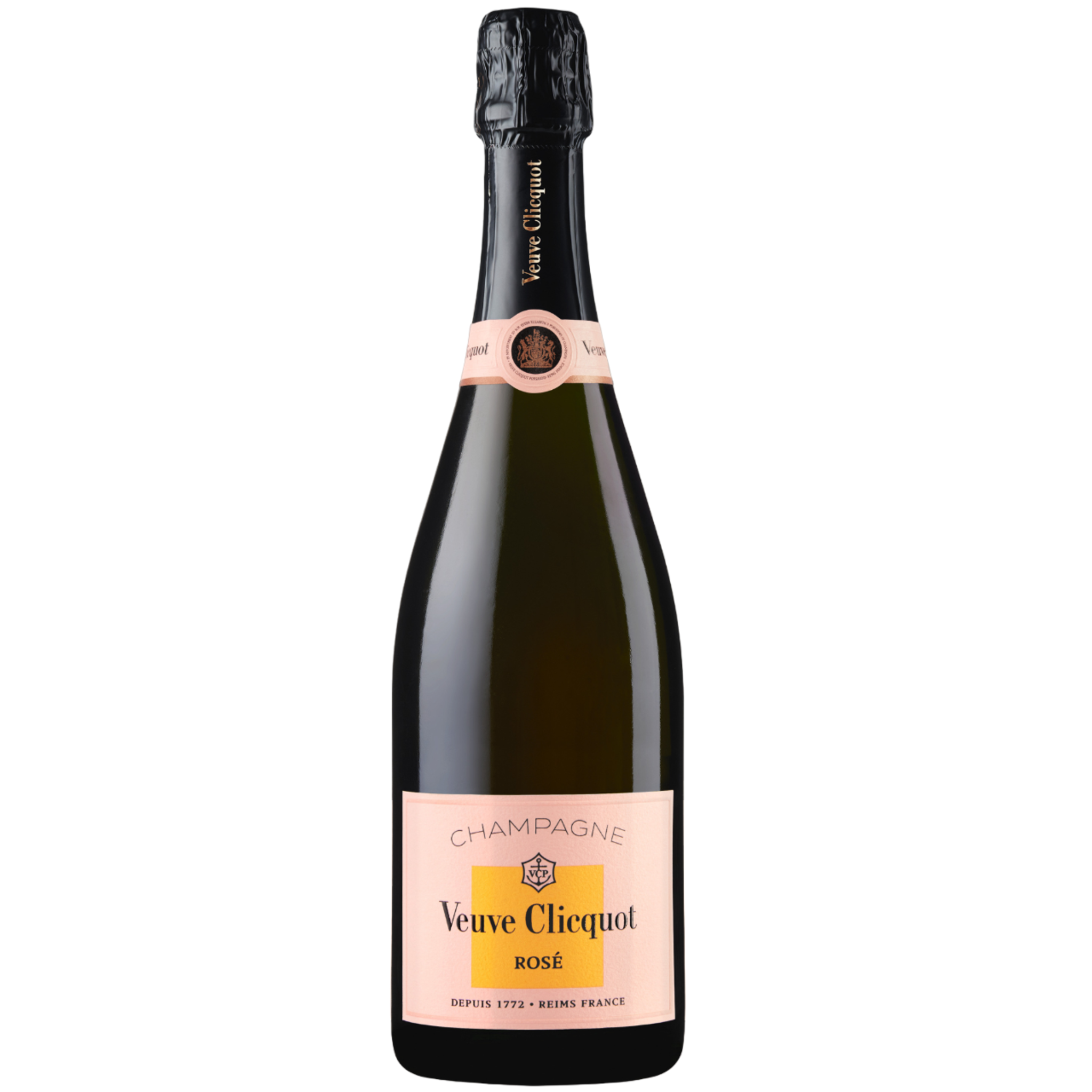 Bottle of Veuve Clicquot Brut Rose Champagne in a clear glass bottle with a yellow-orange foil and pinkish hue liquid inside.