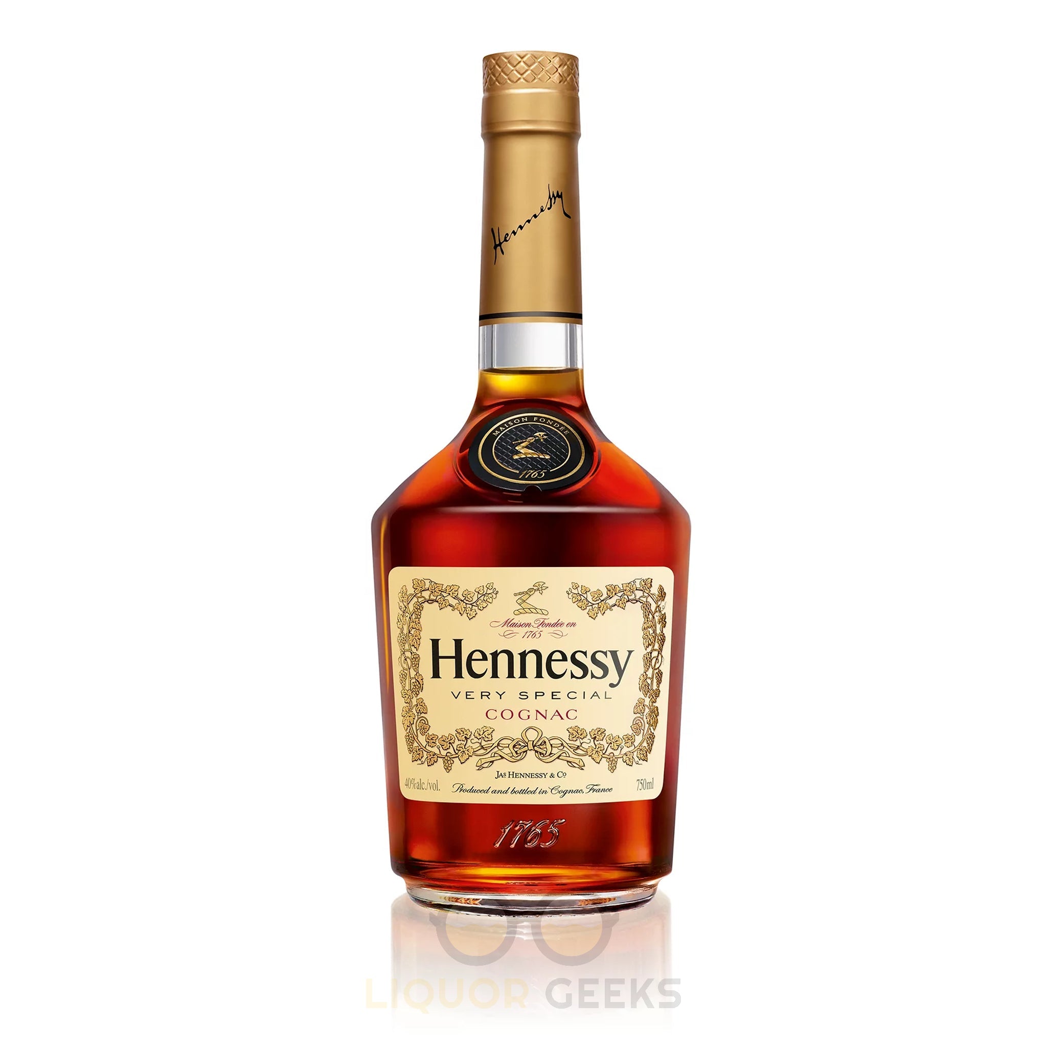 Hennessy V.S. Cognac bottle from Liquor Geeks, 750ml, with a clear glass bottle and label featuring the Hennessy logo.