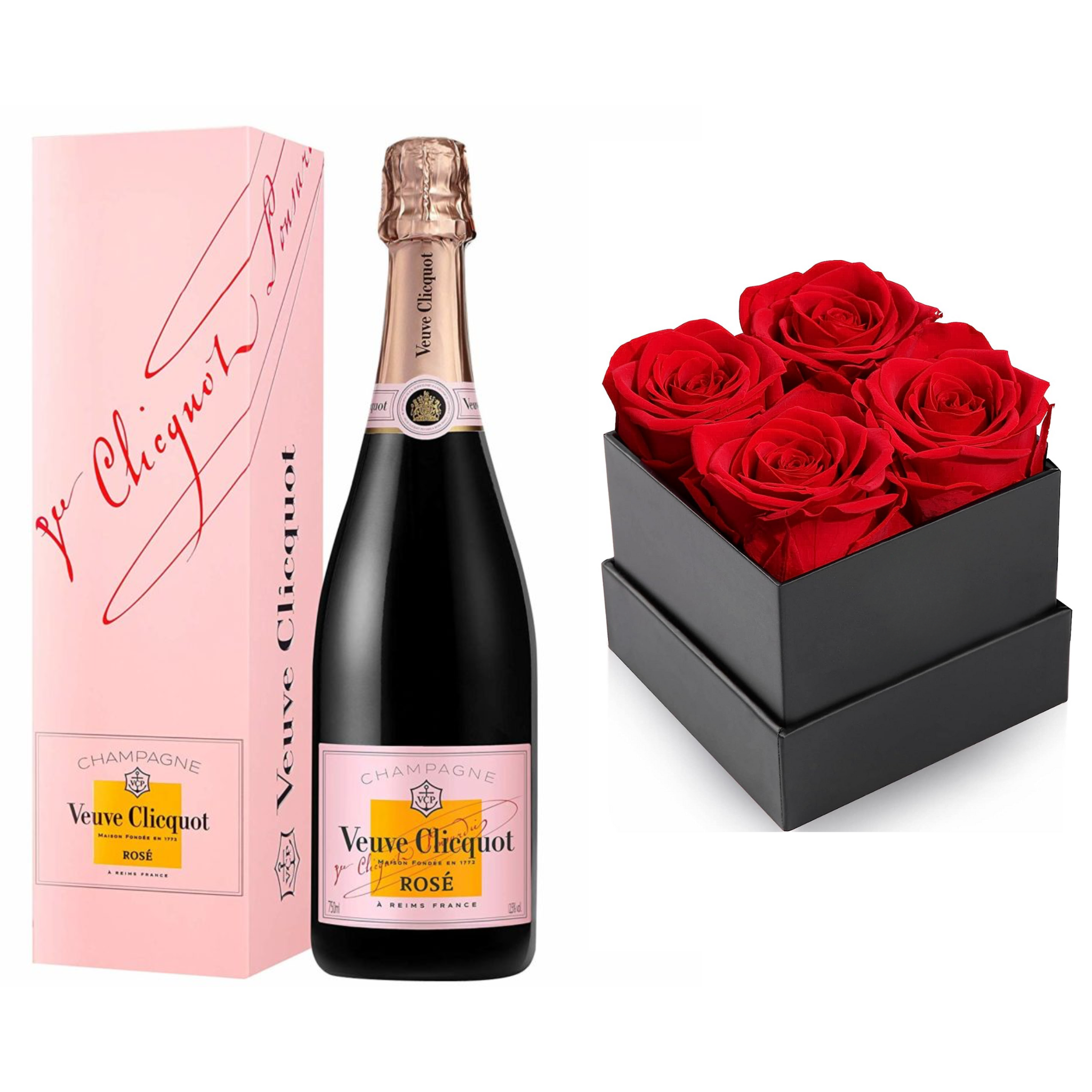 Veuve Clicquot Rosé champagne gift set with four elegant champagne glasses, presented by Liquor Geeks.