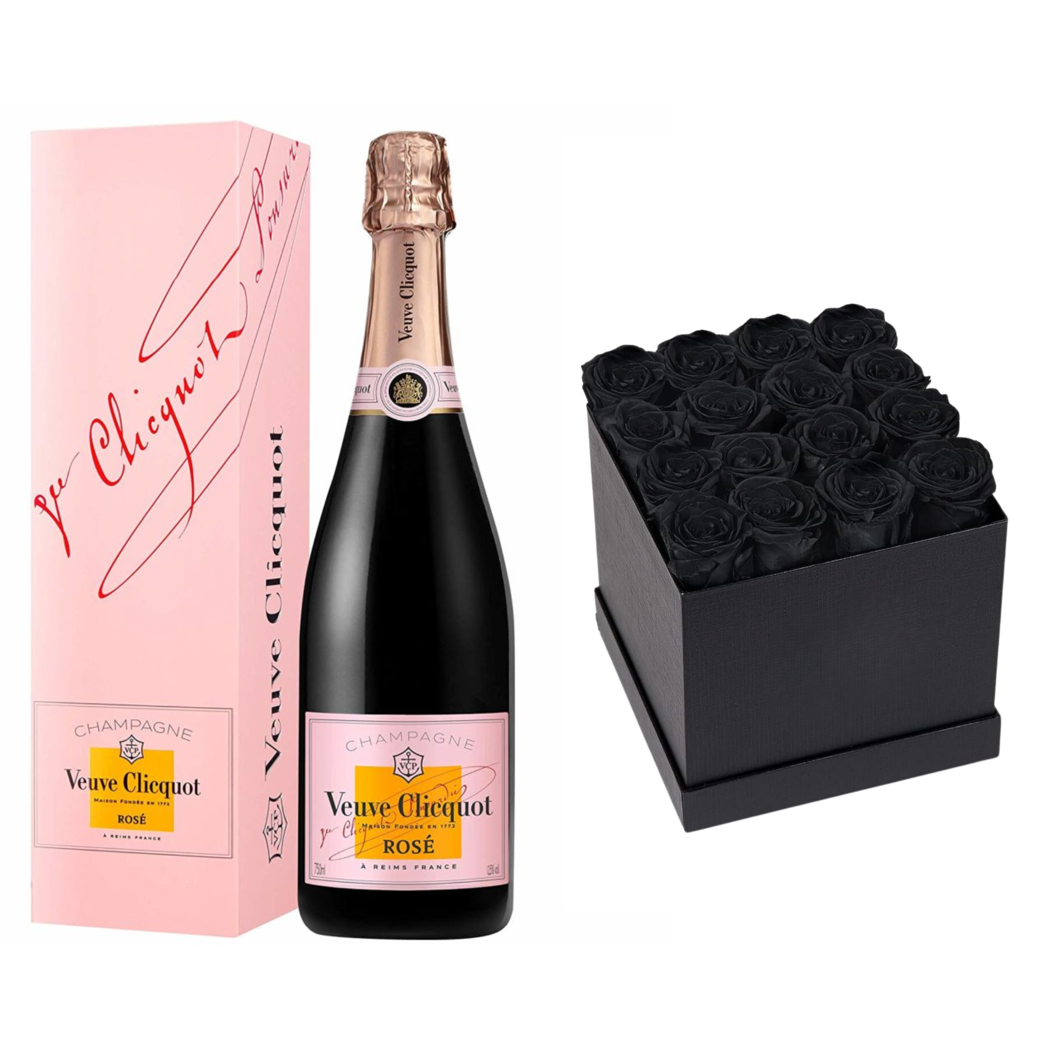 Veuve Clicquot Rosé champagne gift set with four elegant glasses, presented by Liquor Geeks.